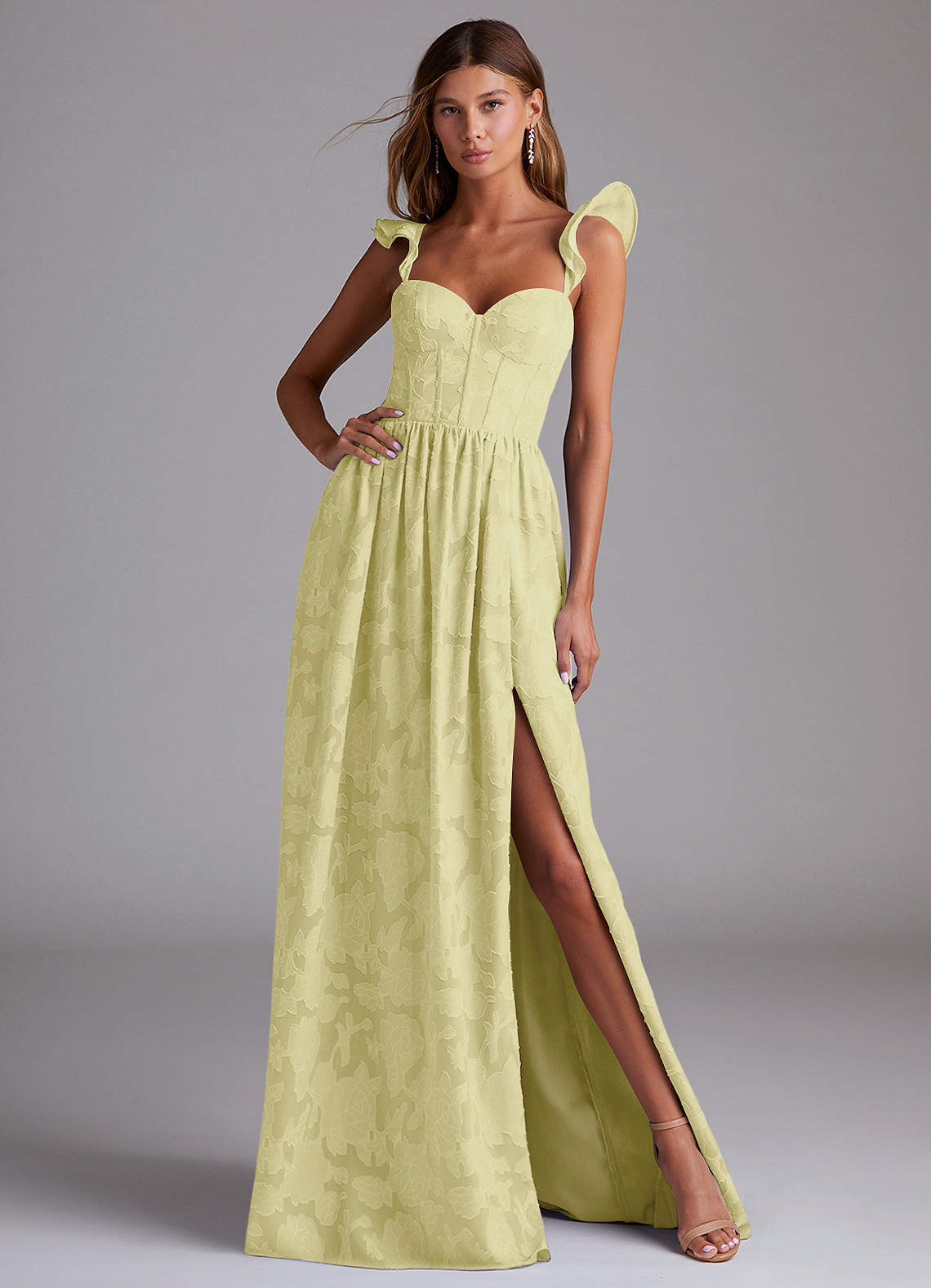 Azazie Denisse Bridesmaid Dresses Lemon Sorbet A-Line Ruched Floral Burnout Dress image1