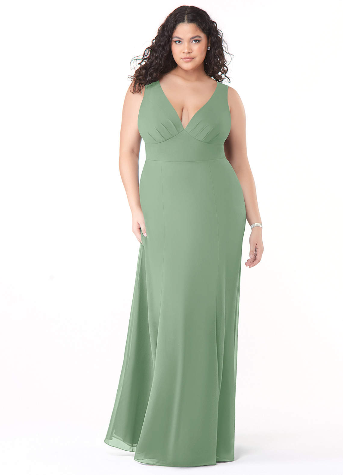 Azazie Christiana Vestidos de damas de honor Vestido de Matcha de Gasa de Corte en A con Cuello en V plisado image8