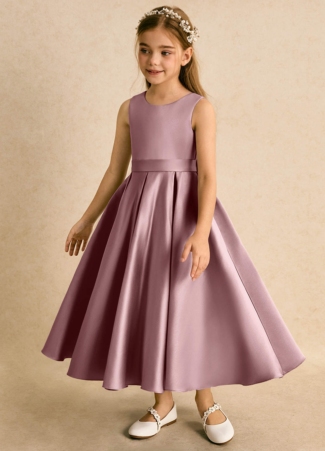 Azazie Junebuj vestidos de niña de las flores Vestido de Rosa Polvorienta de Satin Mate de Princesa con Plisado image2