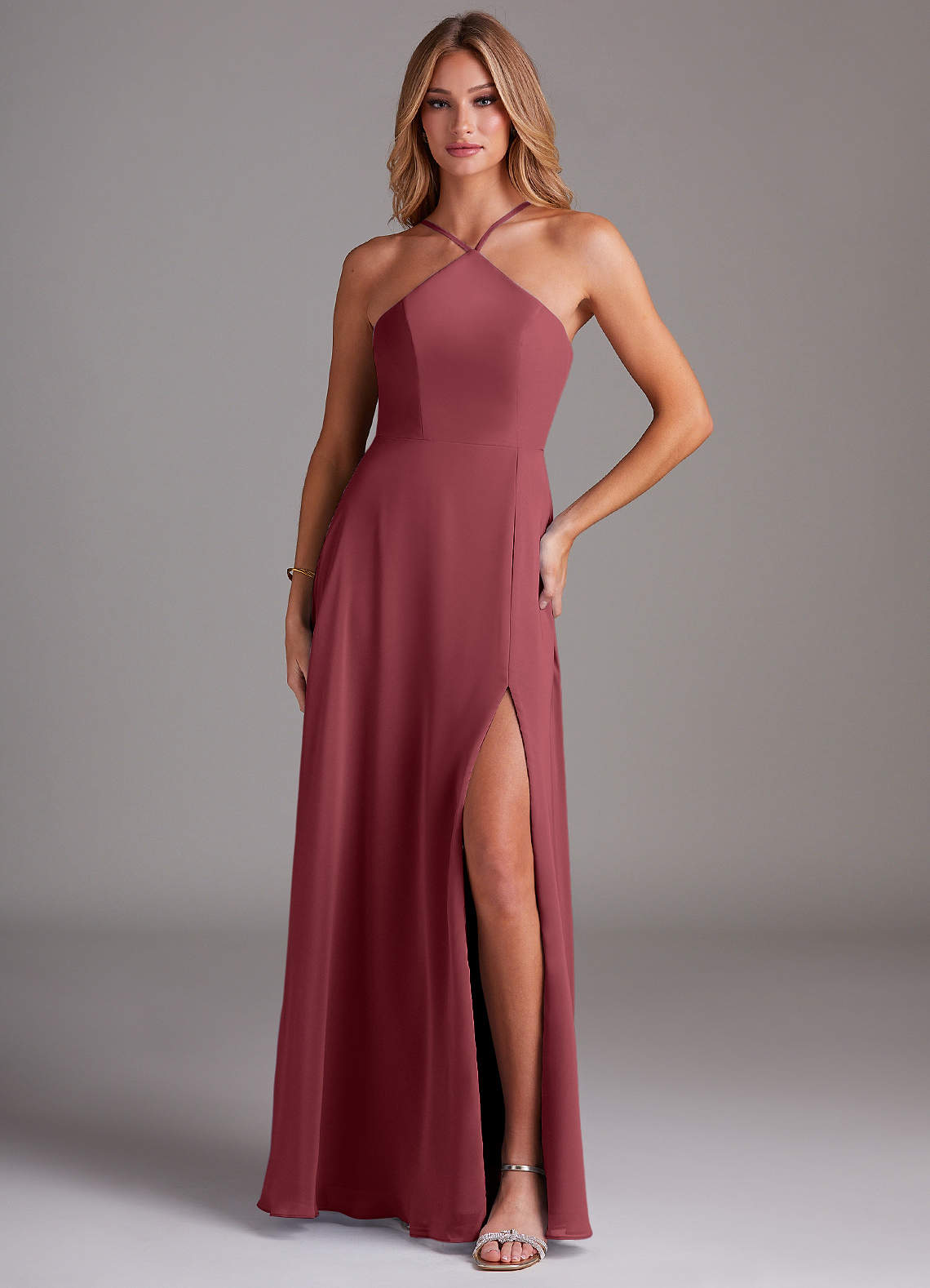 Azazie Bailey Jurken voor bruidsmeisjes Jurk van Chiffon met A-Lijn Halter zijsplit Merlot image1