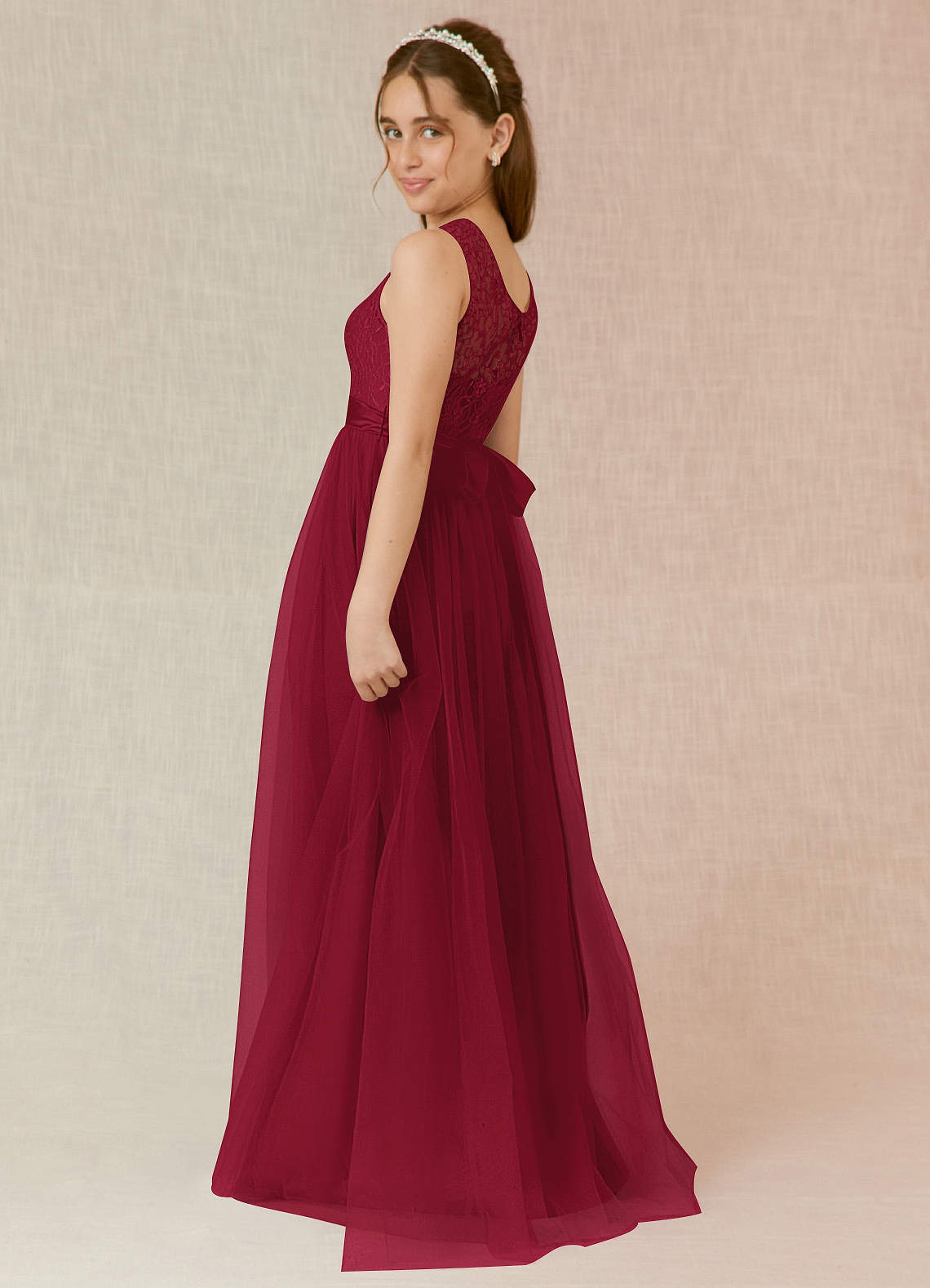 Azazie Georgette Junior Burgundy A-Line Lace Tulle Dress image1