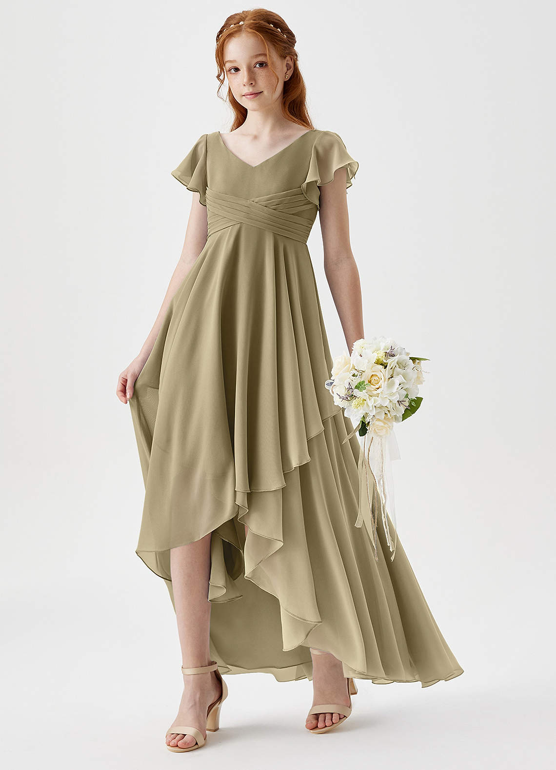 Azazie Caria Junior Robe Trapèze en Mousseline de soie Plissée Vert Mousse image1