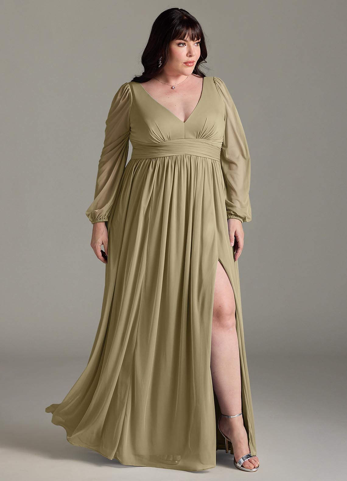 Azazie Norah Vestidos de madrinha de casamento Vestido Musgo Verde de Chiffon de Linha A com Manga comprida image8