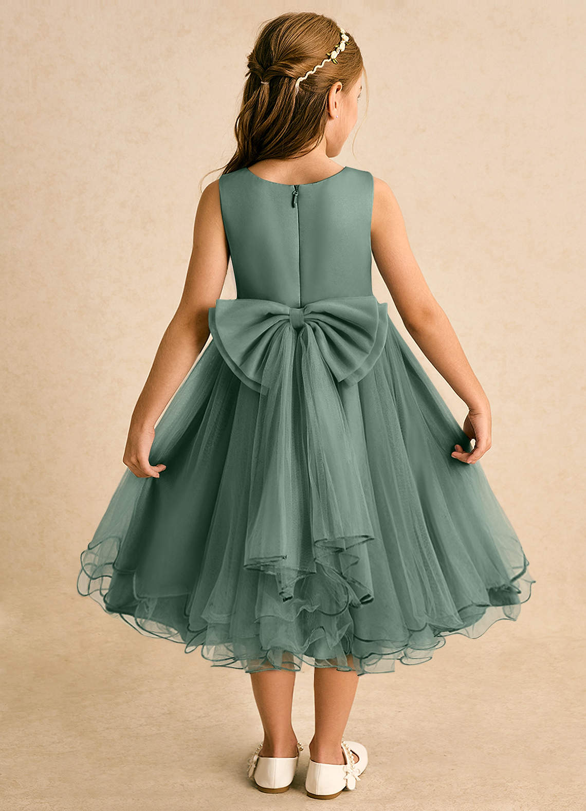 Azazie Lass Abiti da Ragazza di Fiori Abito A-Line in Tulle Fiocco Eucalipto image1