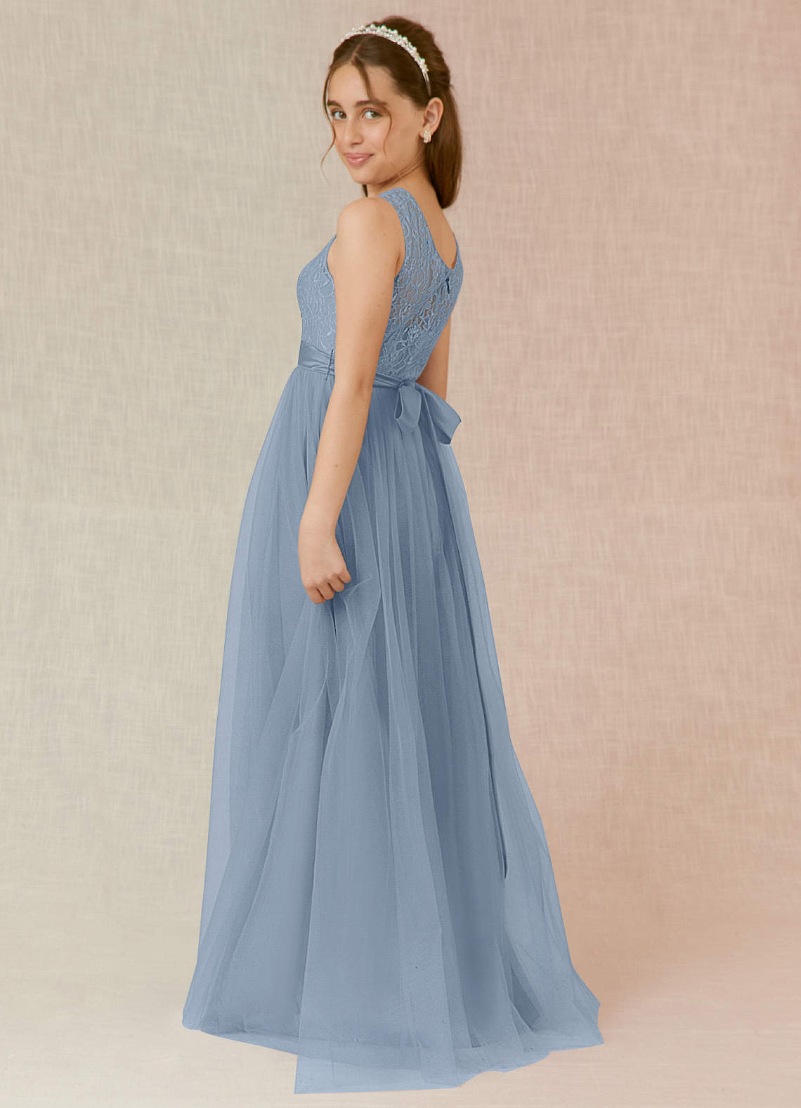 Azazie Georgette Junior Dusty Blue A-Line Lace Tulle Dress image1