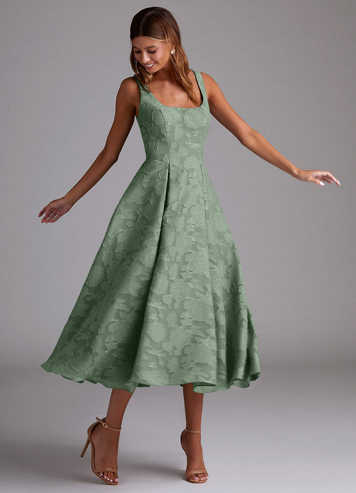 Azazie Amalie Bridesmaid Dresses Matcha A-Line Pleated Floral Burnout Dress image2