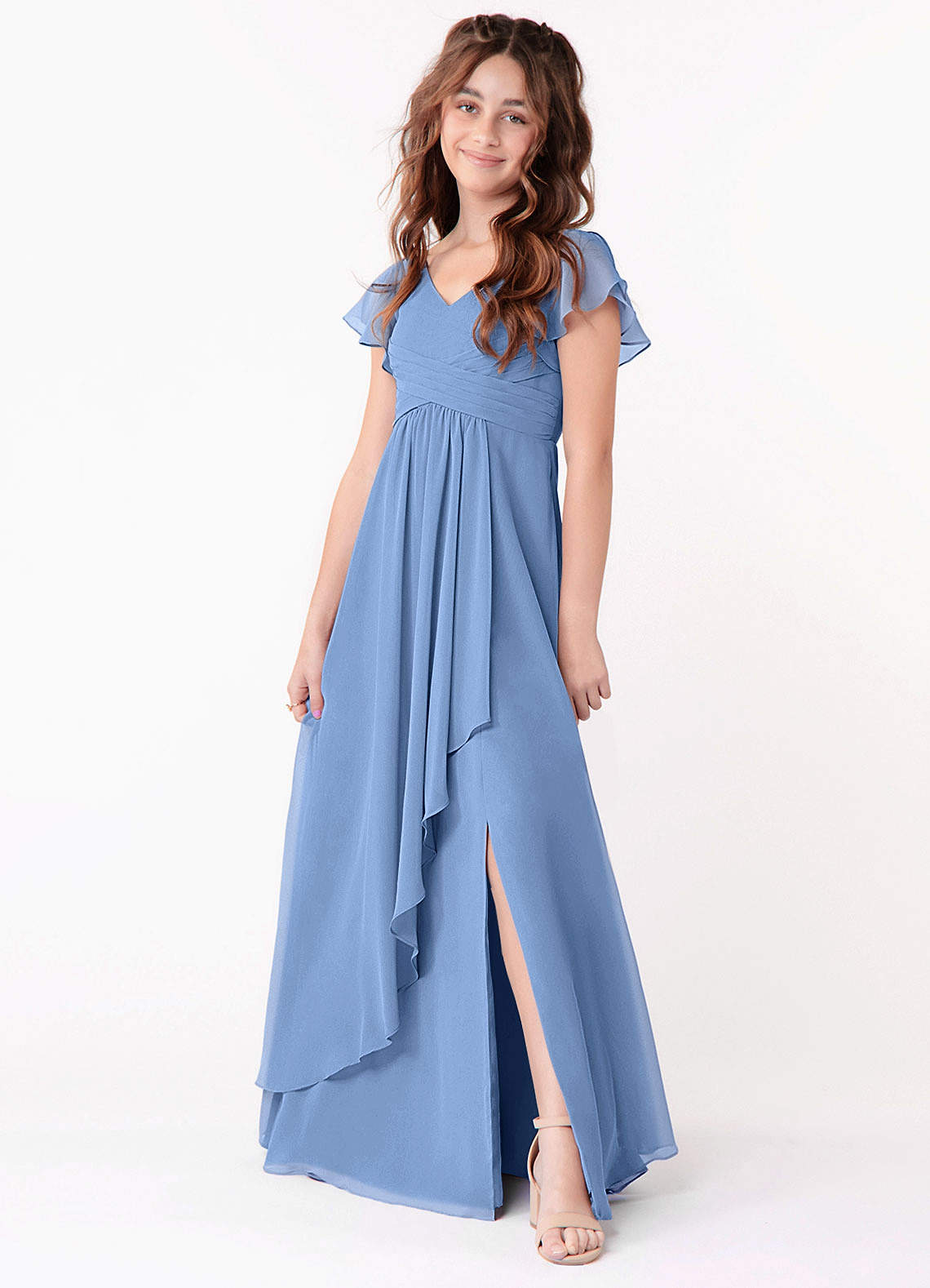 Azazie Omari Steel Blue A-Line Ruched Chiffon Dress image1