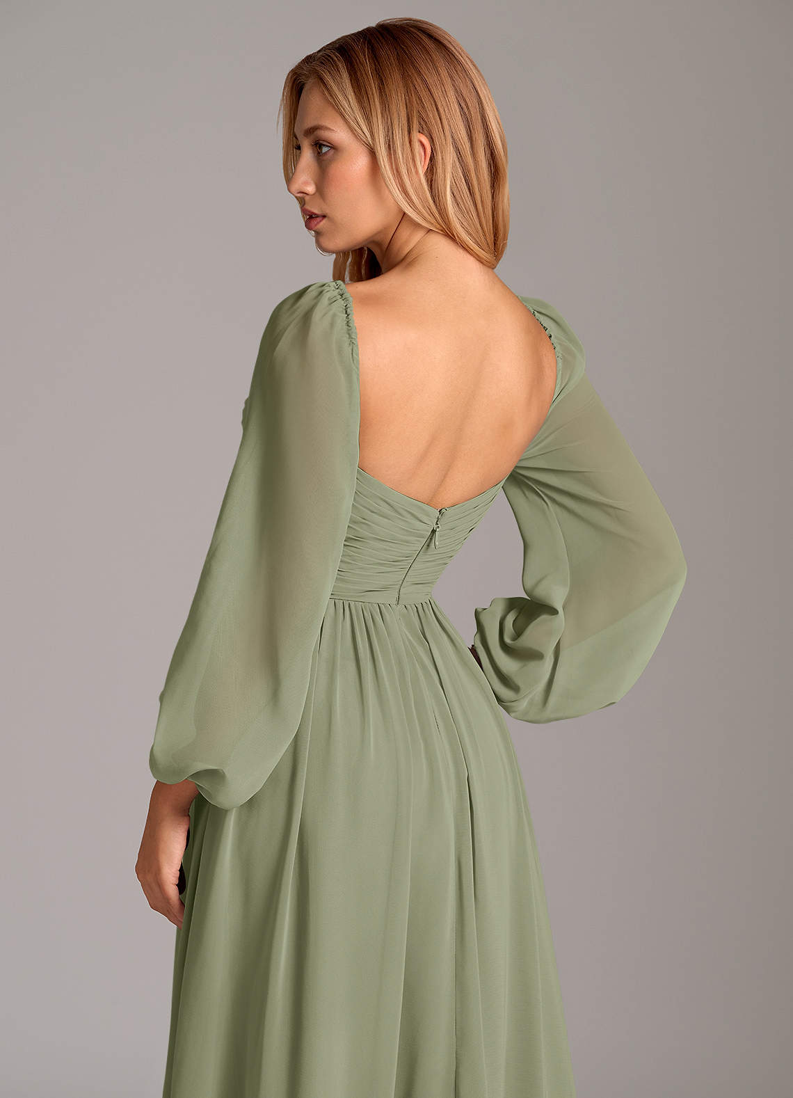 Azazie Bailee Bridesmaid Dresses Pistachio A-Line Long Sleeve Chiffon Dress image1