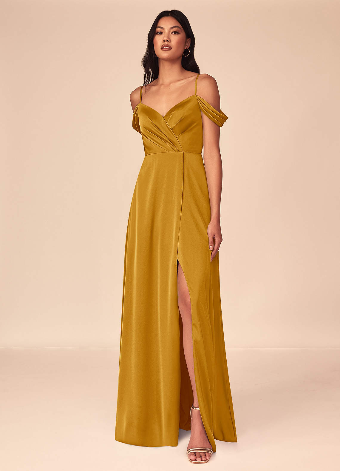 Azazie Ocean Bridesmaid Dresses Butterscotch A-Line V-Neck Pleated Stretch Satin Dress image1