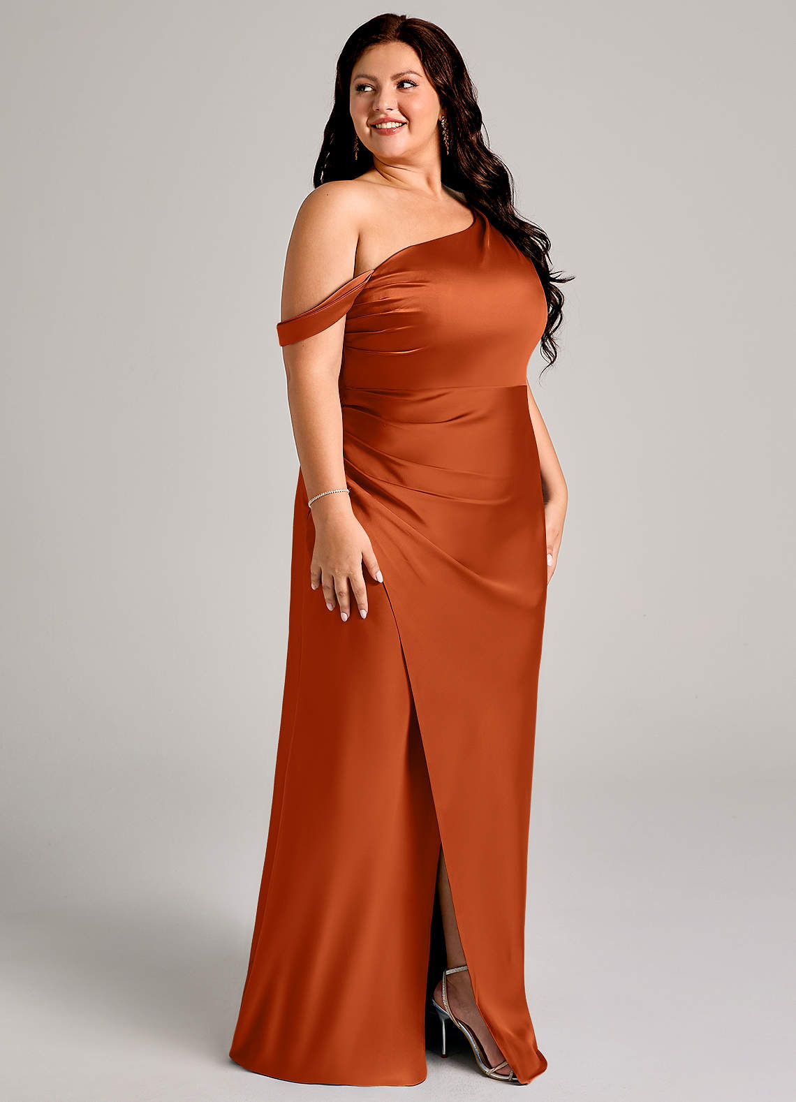 Azazie Madelyn Bridesmaid Dresses Burnt Orange Mermaid One Shoulder Stretch Satin Convertible Dress image11