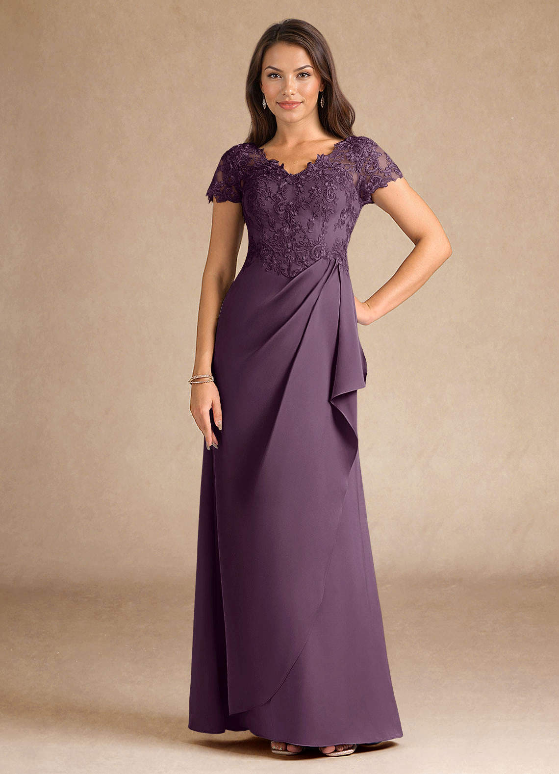 Azazie Santa Ana Plum A-Line Lace Stretch Satin Dress Ready to