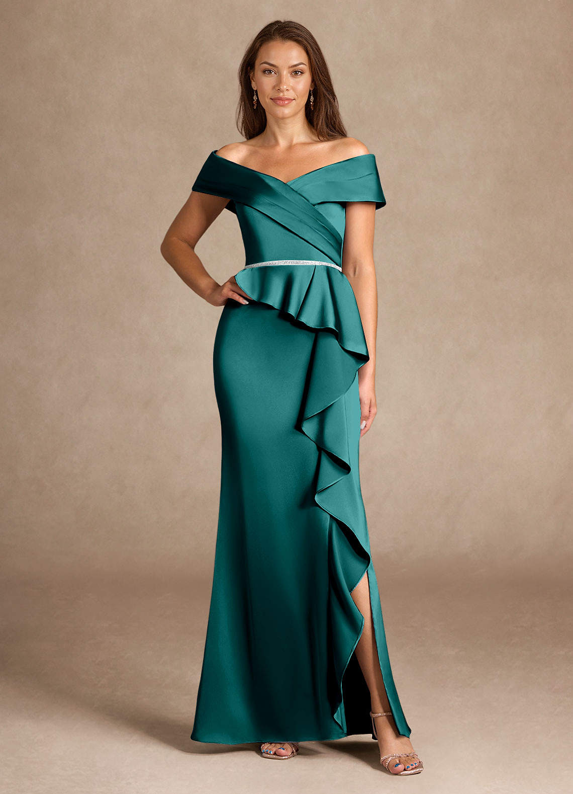 Azazie Dareia Mère de la mariée Robes Robe Sirène en Satin extensible Épaule décolletée Paon image1