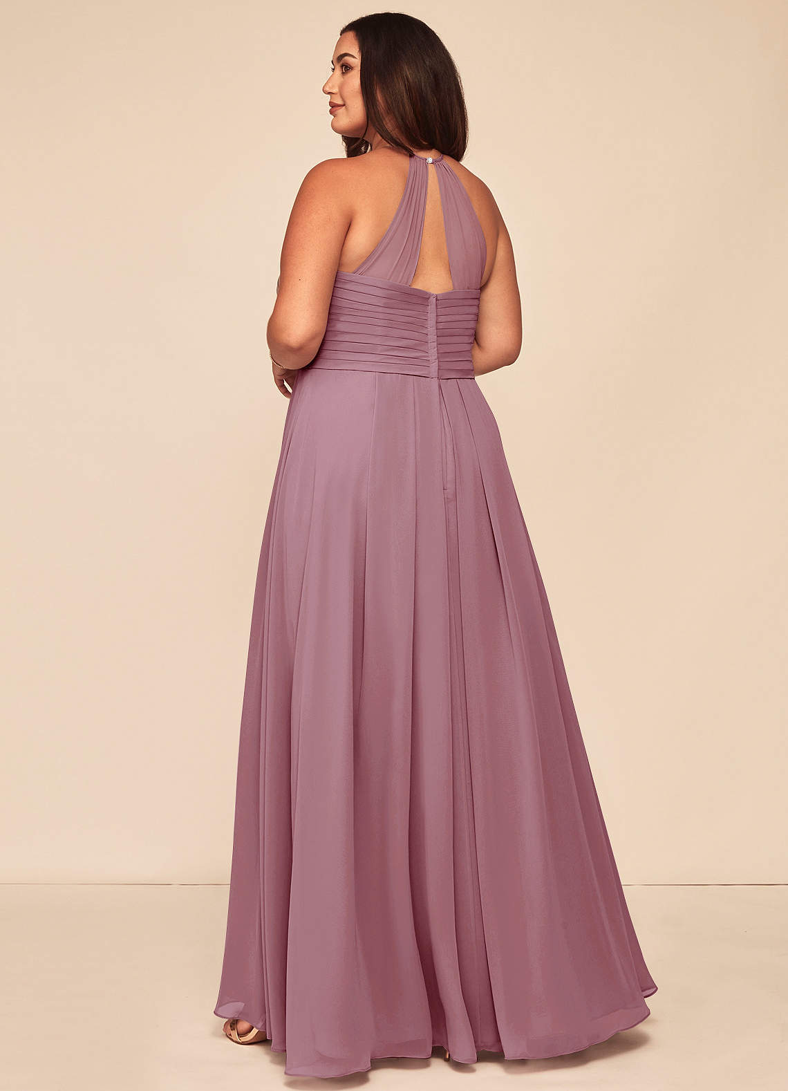 dark mauve bridesmaid dresses | Long Sleeve Gown With Tail catching knotted halter neckline pairs perfectly with the universally flattering A Modest Beaded Dark Mauve Bridesmaid
