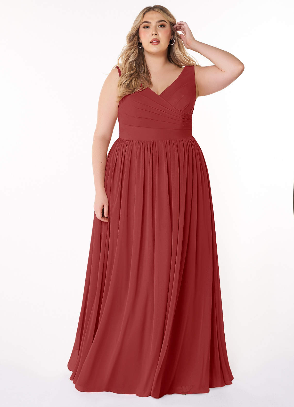 Azazie Keyla Bridesmaid Dresses Rust A-Line V-Neck Pleated Chiffon Dress image1