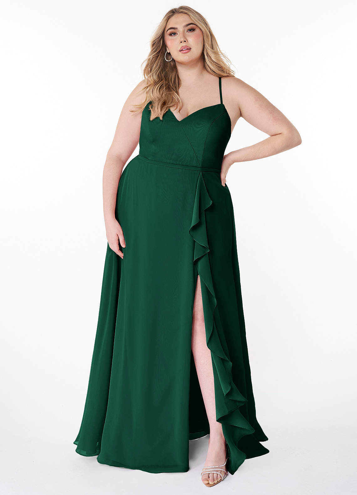 Azazie Naeem Bridesmaid Dresses Emerald A-Line V-Neck Ruffle Chiffon Dress image1