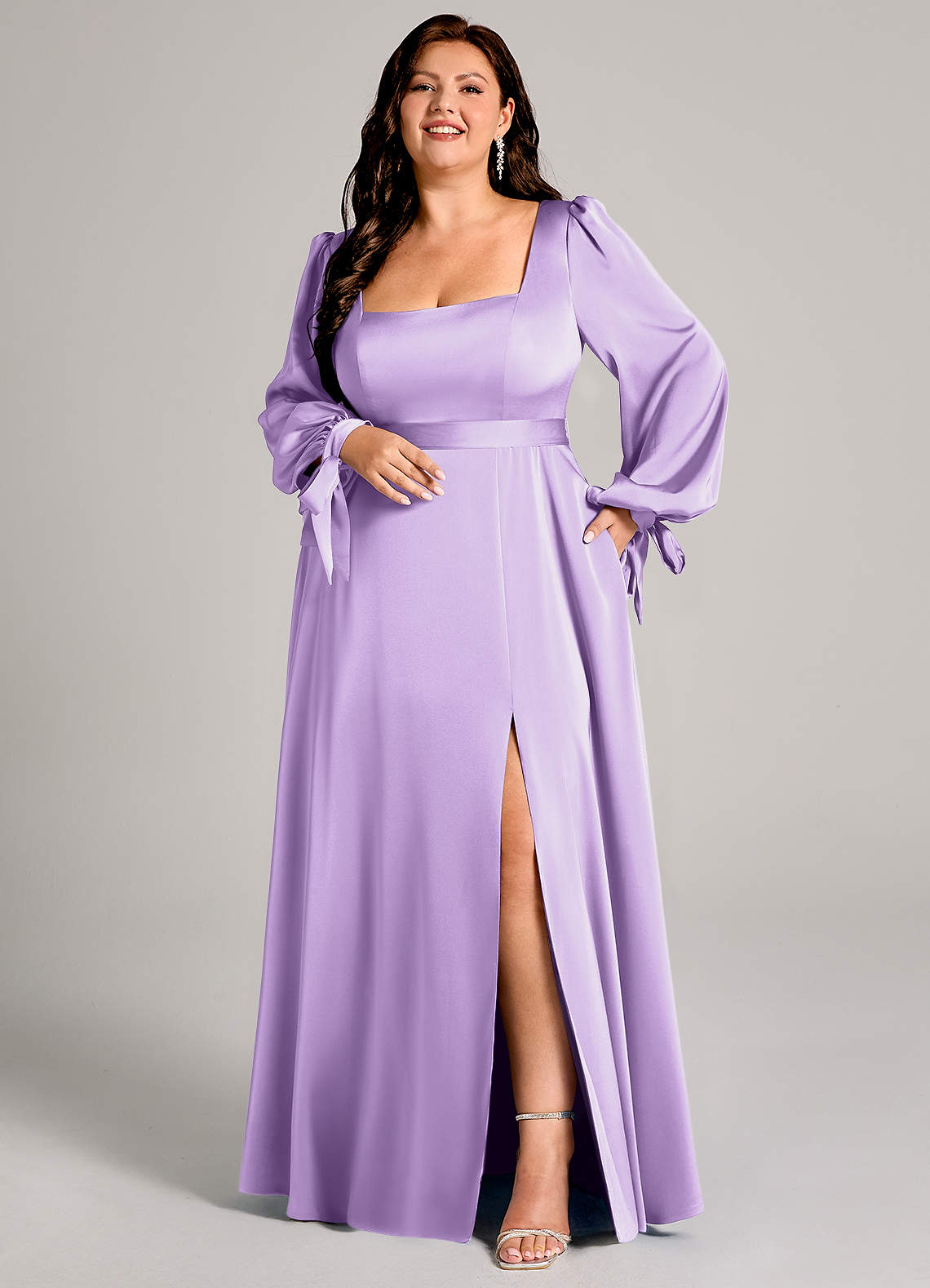 Azazie Leonia Brautjungfernkleider A-Linie Langarm Stretch-Satin Kleid Flieder image1