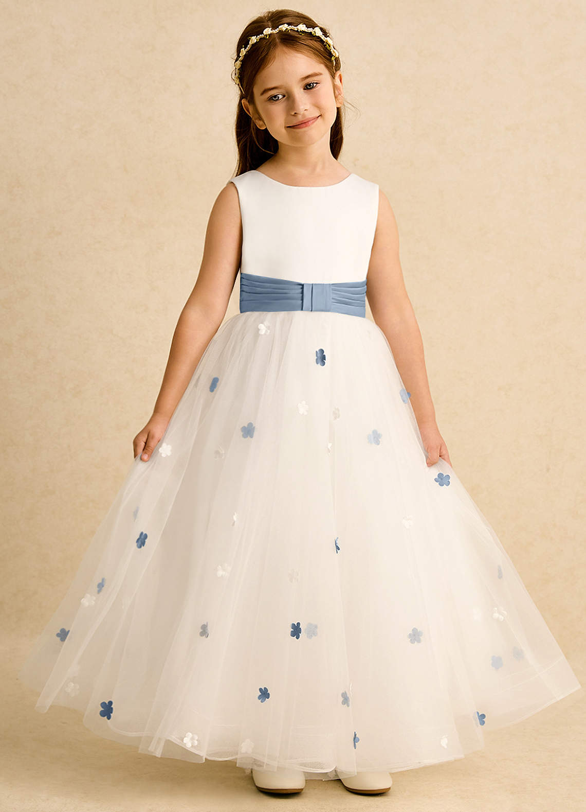Azazie Cricket vestidos de niña de las flores Vestido de Marfil Azul Polvoriento de Satin Mate de Corte Princesa con Plisado image3