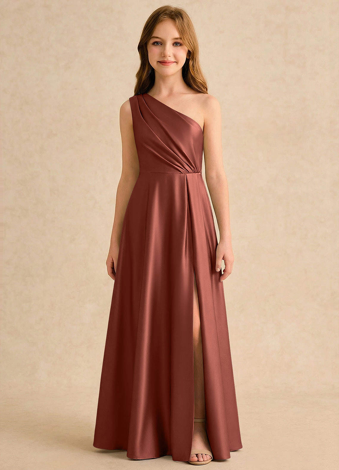 Azazie Puddles Girls Formal Robe Demoiselle D'honneur Fillette Robe Trapèze en Satin extensible Une épaule Auburn image5