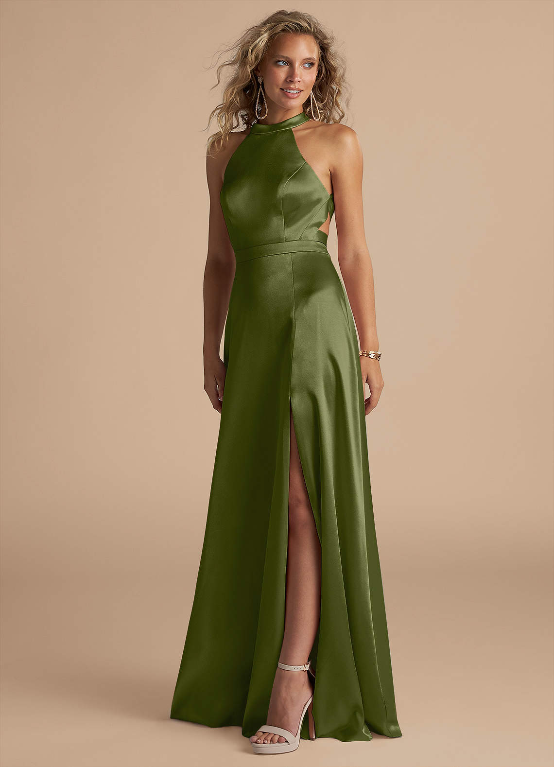 Azazie Clarice Bridesmaid Dresses Olive A-Line High Neck Metallic Satin Dress image1