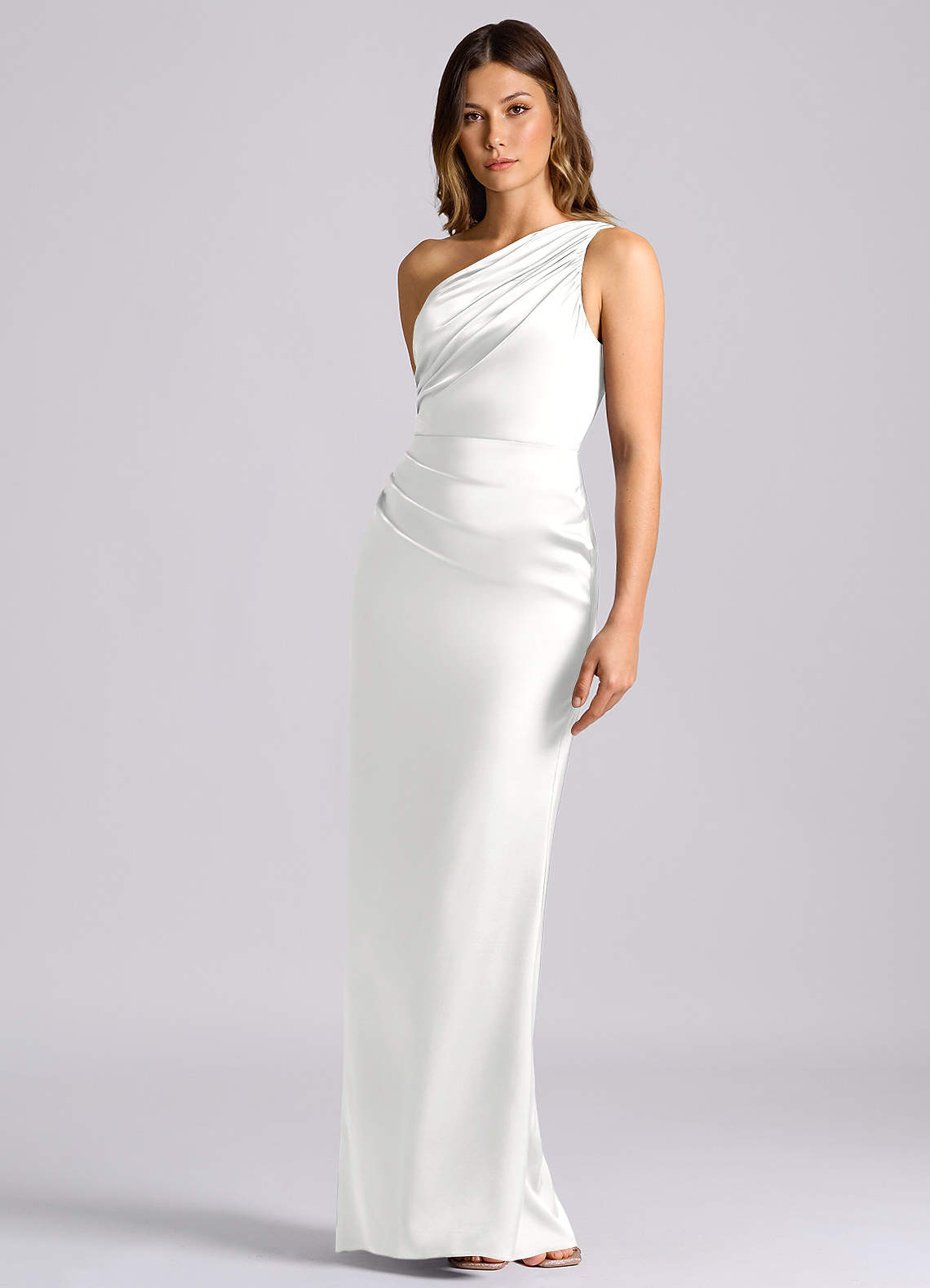 Azazie Akilah Jurken voor bruidsmeisjes Jurk van Stretch Satijn met Zeemeermin One-shoulder Wit image5