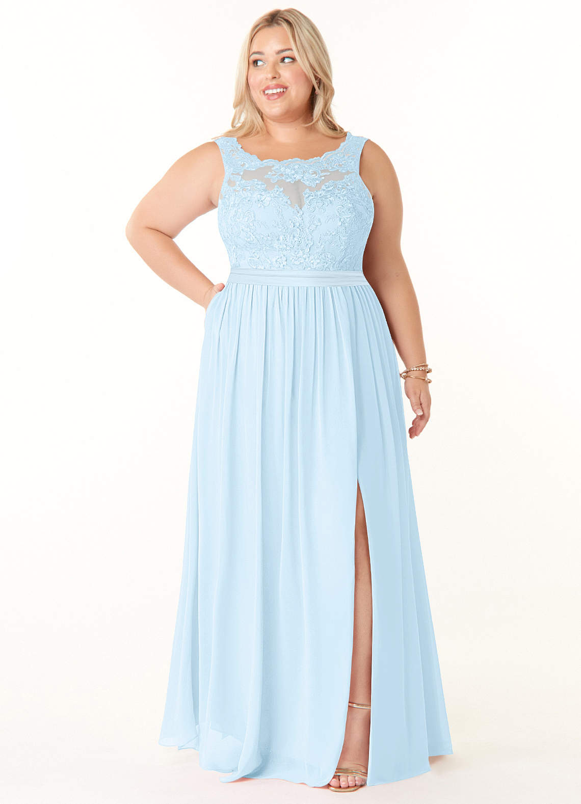 Azazie Elly Bridesmaid Dresses Sky Blue A-Line Lace Scoop Neck Chiffon Dress image1