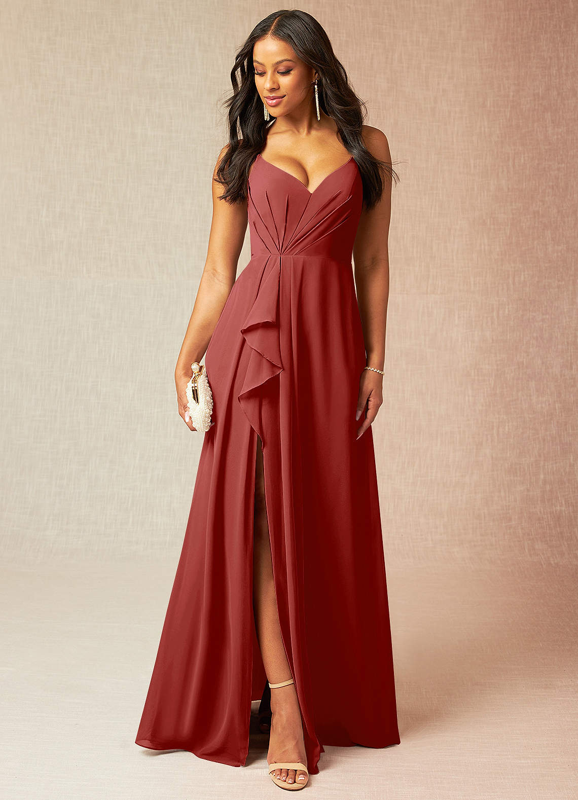 Azazie Kyedae Bridesmaid Dresses Rust A-Line V-Neck Pleated Chiffon Dress image1