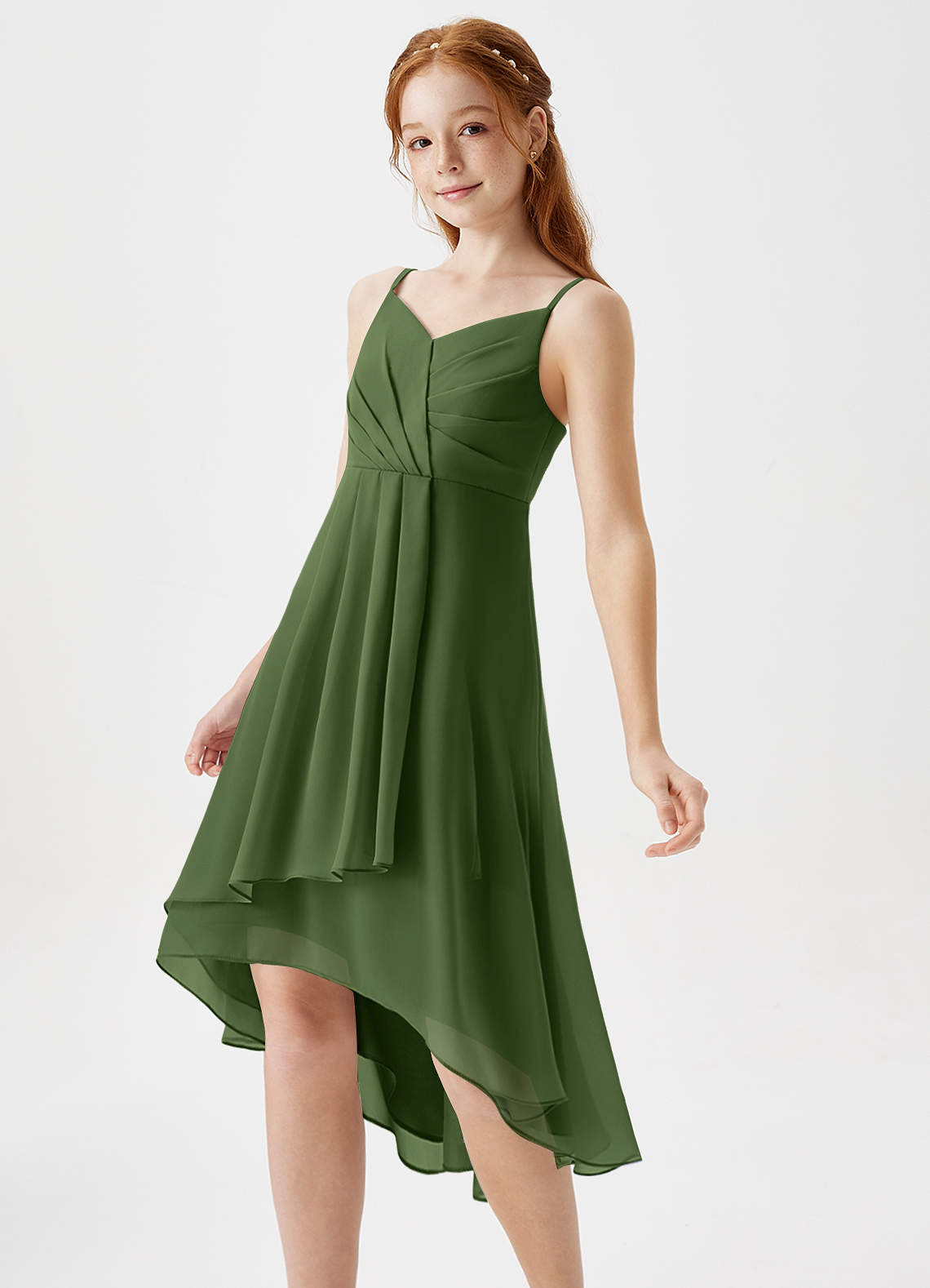 Azazie Mariam Junior Olive A-Line Pleated Chiffon Dress image1