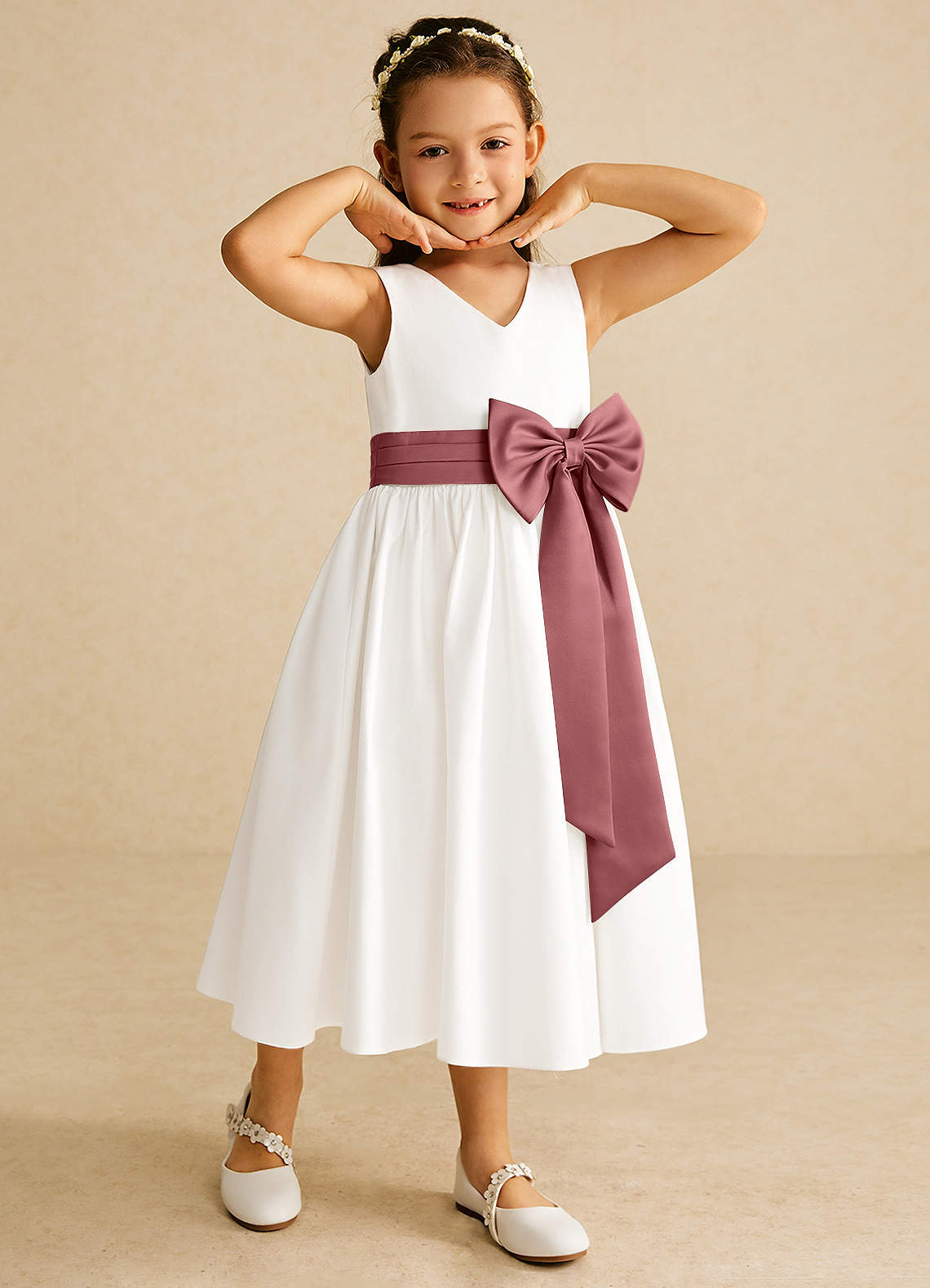 Azazie Darling Flower Girl Dresses Ivory Amethyst A-Line Bow Cotton Dress image1
