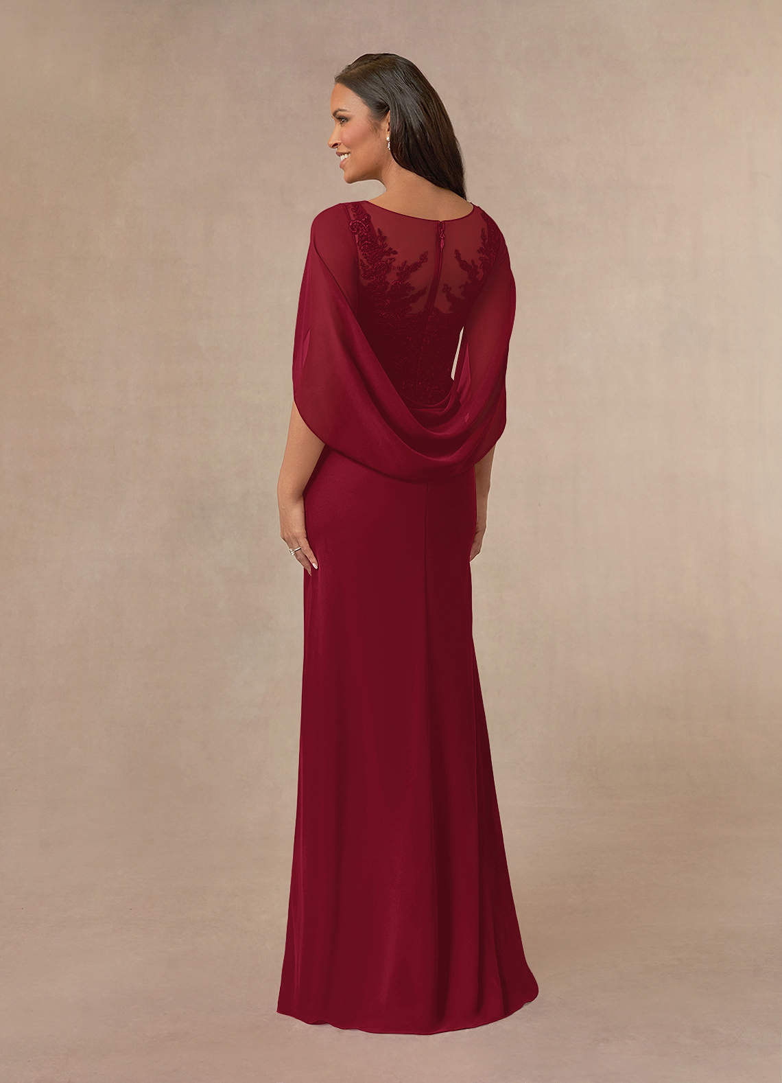 Azazie Hera Mother of the Bride Dresses Burgundy A-Line Lace Capelet Chiffon Dress image2