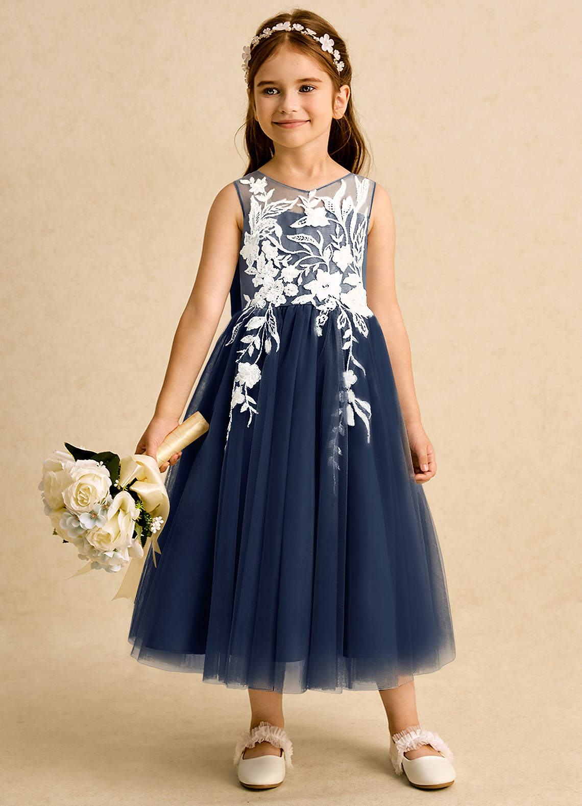 Azazie Sundae Flower Girl Dresses Dark Navy Ball-Gown Lace Dress image2