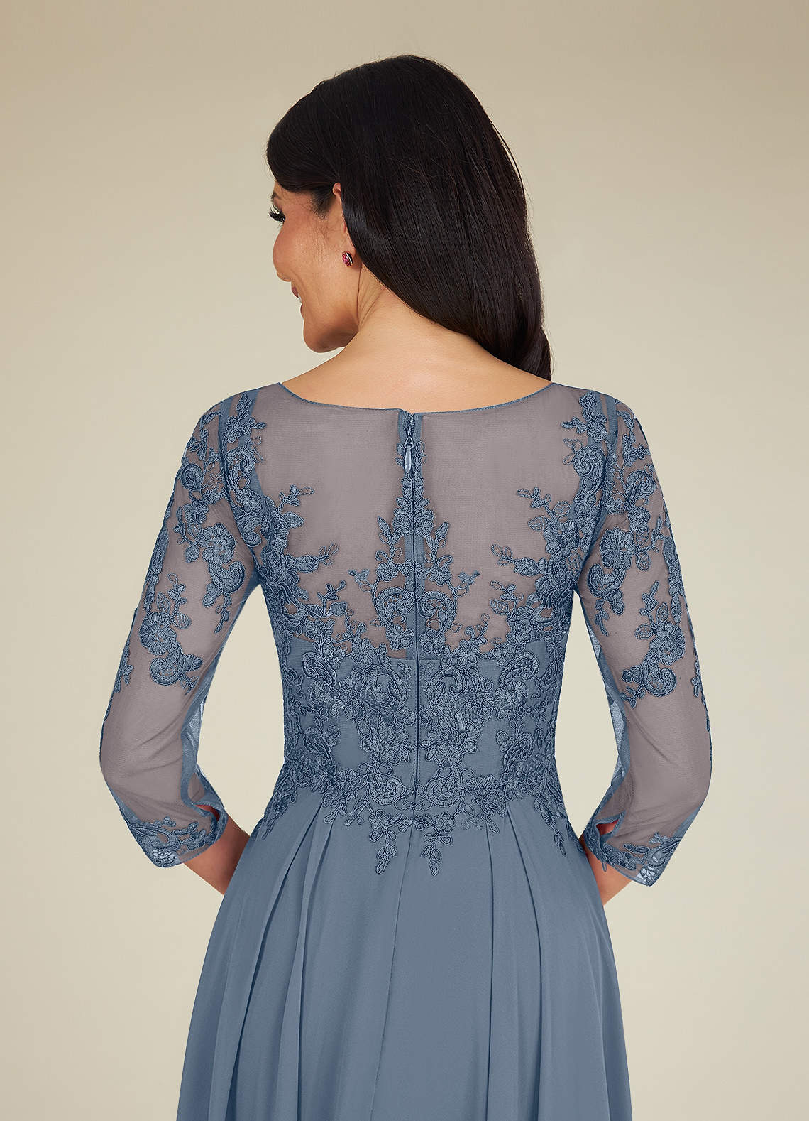 Lace 3/4 Sleeves Chiffon Tea-Length Dress Ocean Blue main image 1