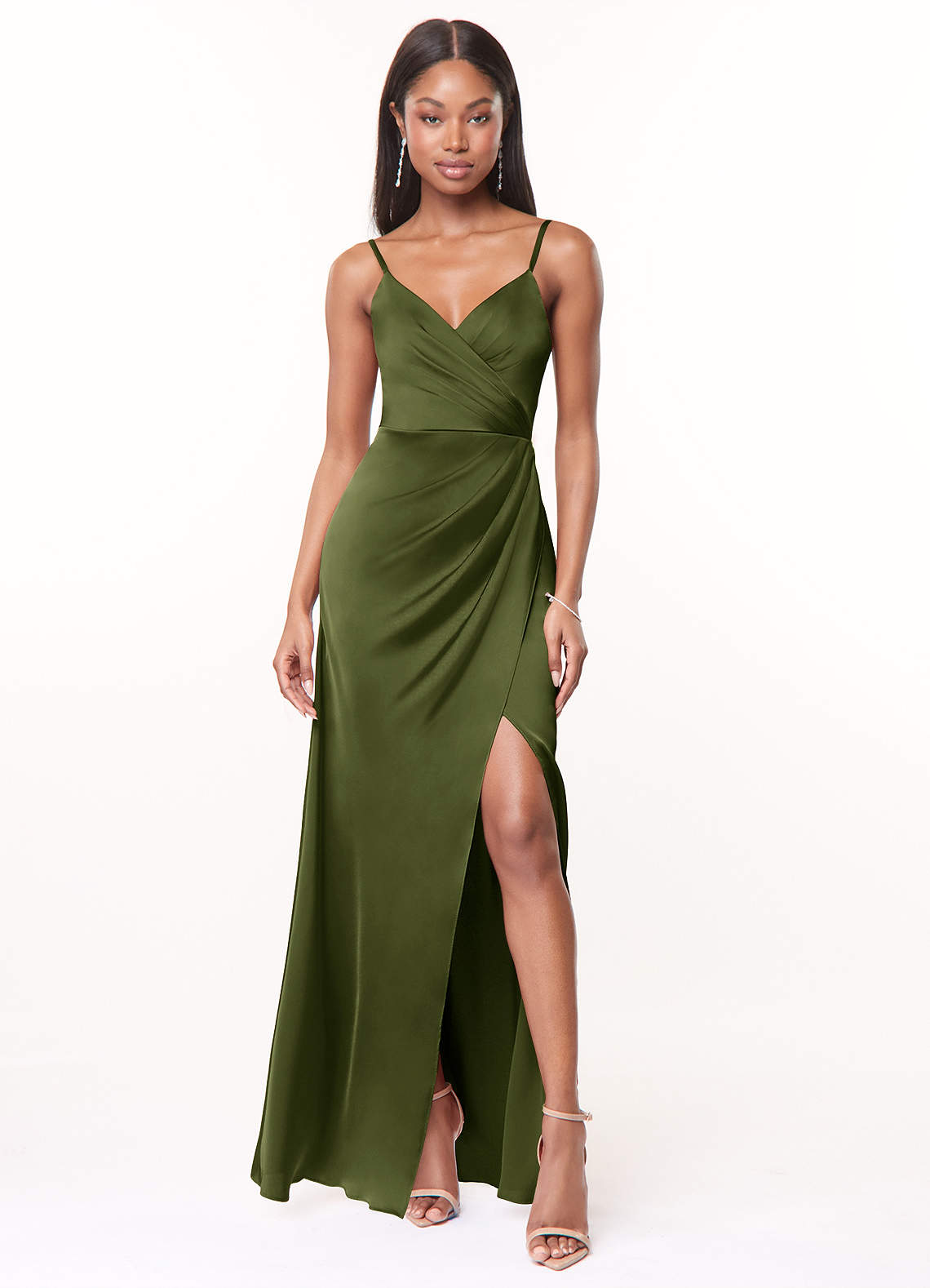 Azazie Maci Brautjungfernkleider A-Linie V-Hals Gefaltet Stretch-Satin Kleid Olivgrün image1