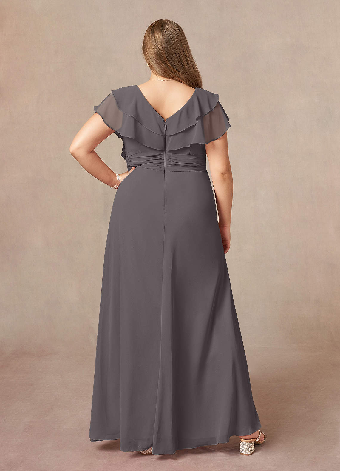 Mother Of The Bride Dresses In Steel Grey A-Line V-Neck Half Sleeves Appliques Waist Floor Length Chiffon Mother Of The Bride Dress