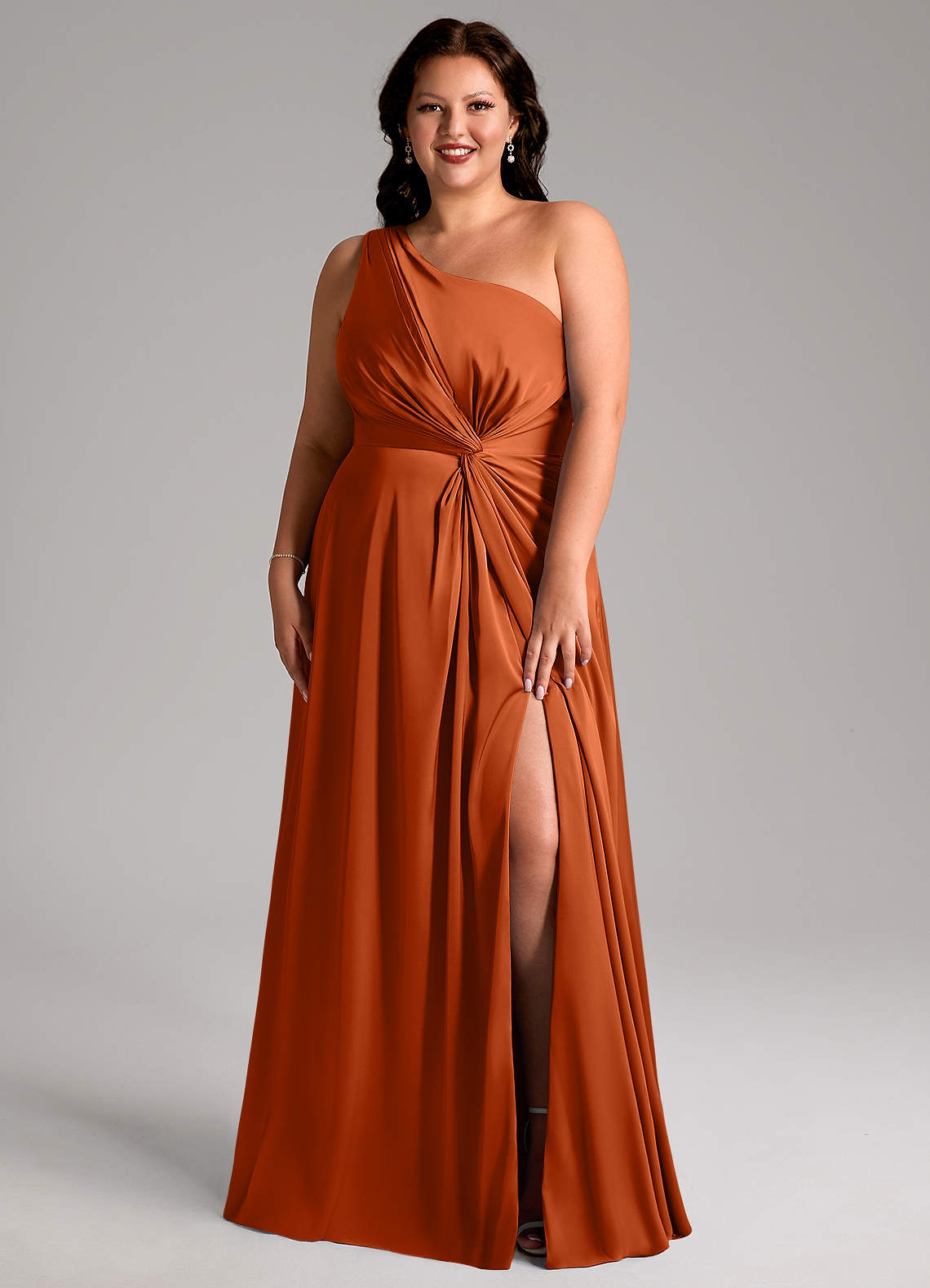 Azazie Brooke Bridesmaid Dresses Burnt Orange A-Line One Shoulder Stretch Satin Dress image1