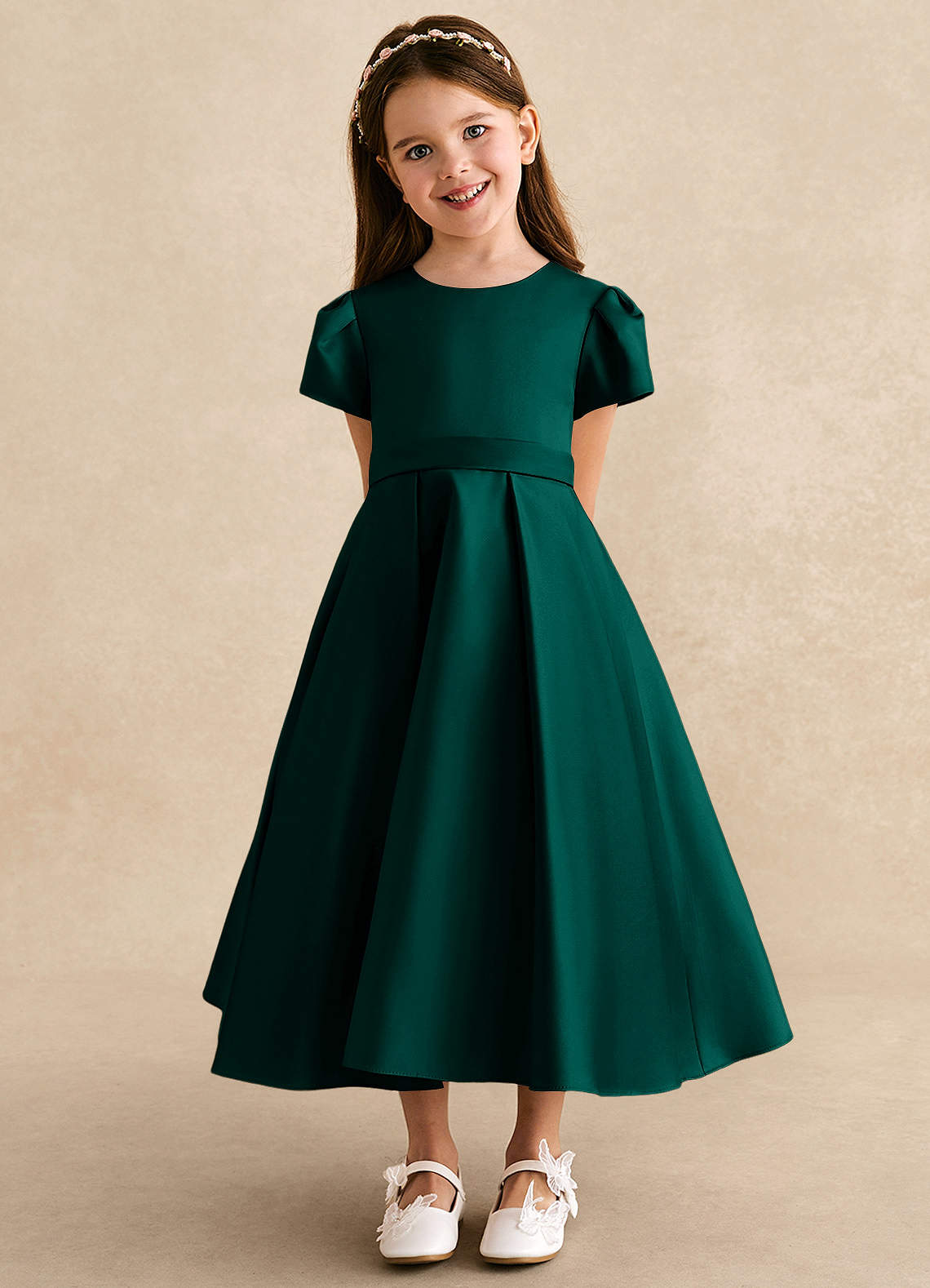 Azazie Princess Flower Girl Dresses Pine A-Line Pleated Matte Satin Dress image5