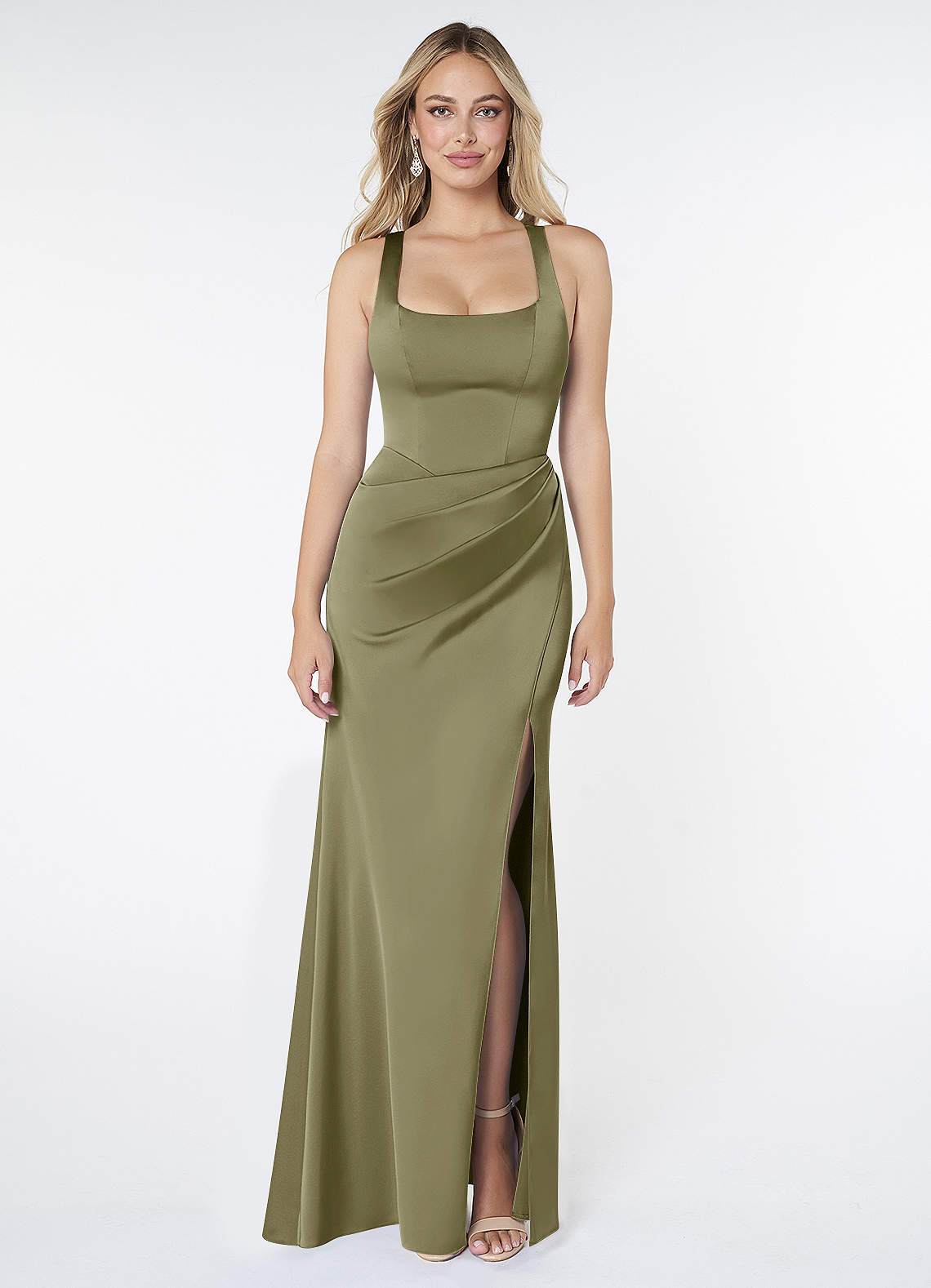 Azazie Mero Bridesmaid Dresses Pistachio Sheath Pleated Stretch Satin Dress image1