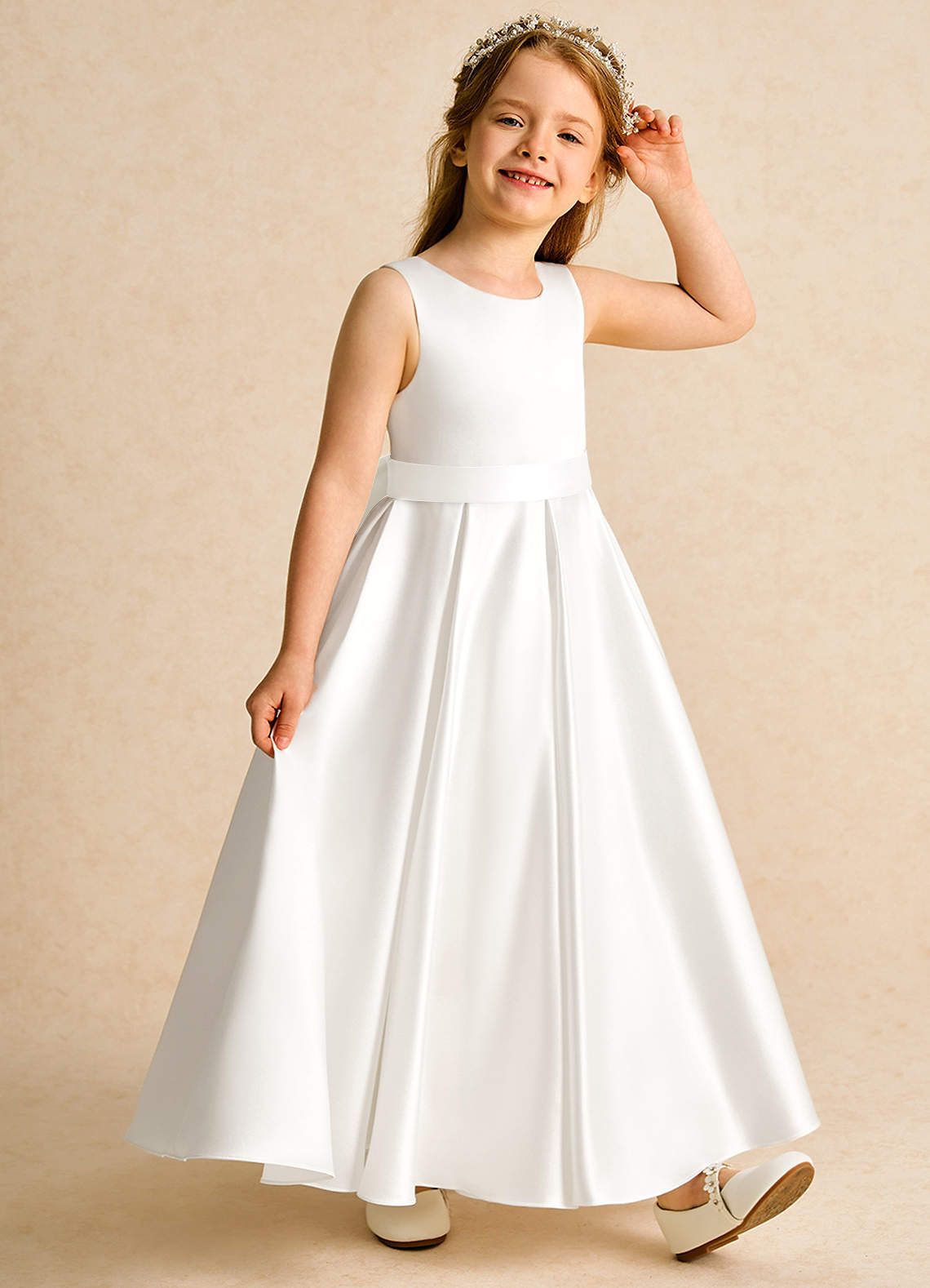 Azazie Cherry Flower Girl Dresses Ivory Ball-Gown Pleated Matte Satin Dress image4