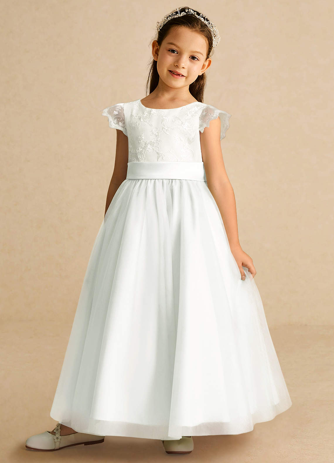 Azazie Pookie Flower Girl Dresses Diamond White A-Line Lace Tulle Dress image1