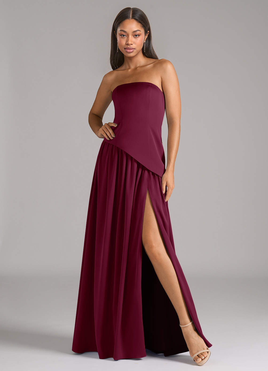 Azazie Adeline Bridesmaid Dresses Mulberry A-Line Strapless Stretch Satin Convertible Dress image1