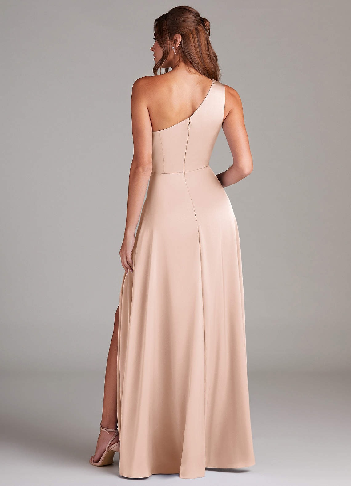 Azazie Brooke Vestidos de madrinha de casamento Vestido Rosa Corado de Cetim elástico de Linha A com Um ombro image6