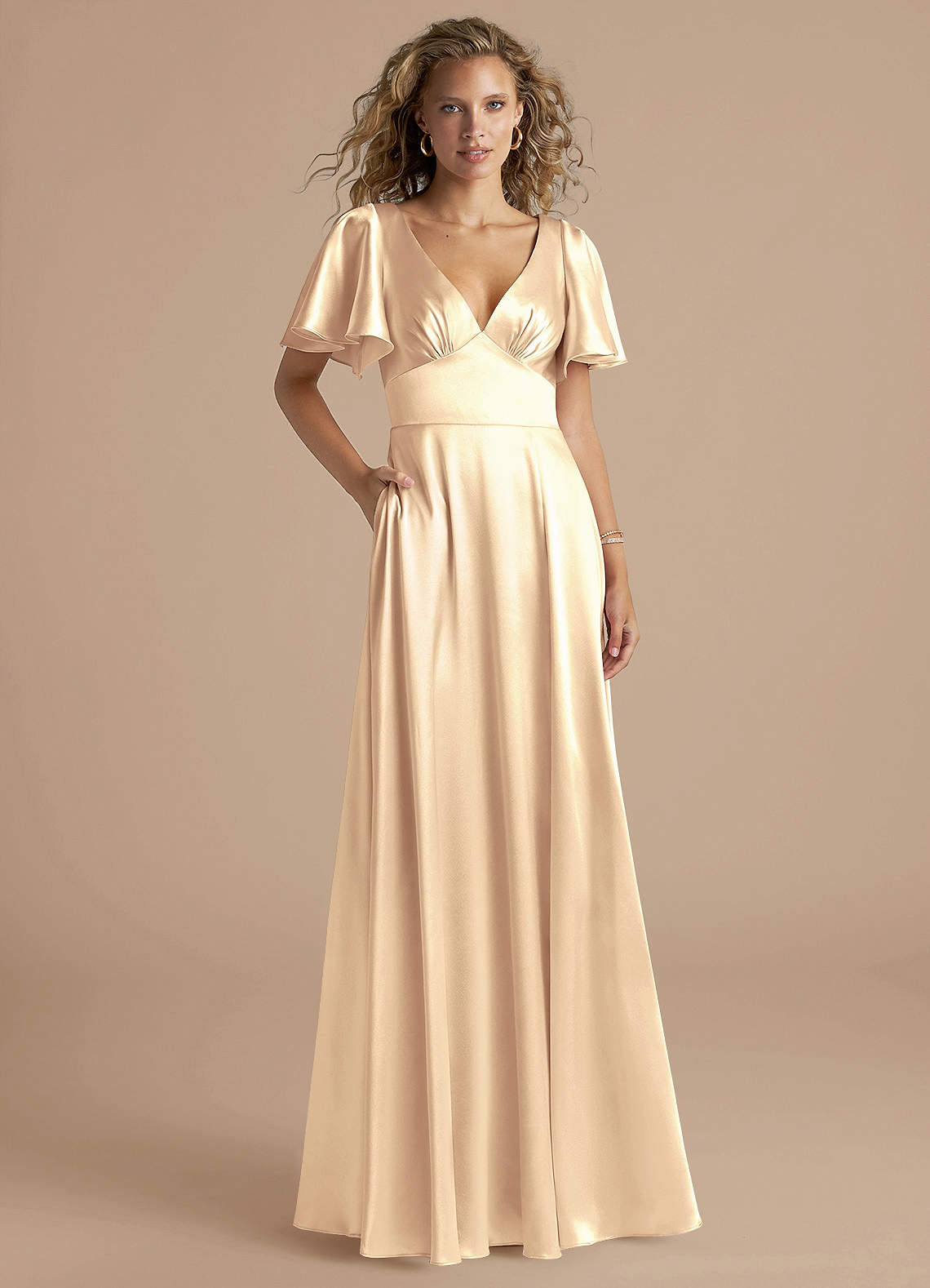 Azazie Kimber Bridesmaid Dresses Gold A-Line Ruched Metallic Satin Dress image1
