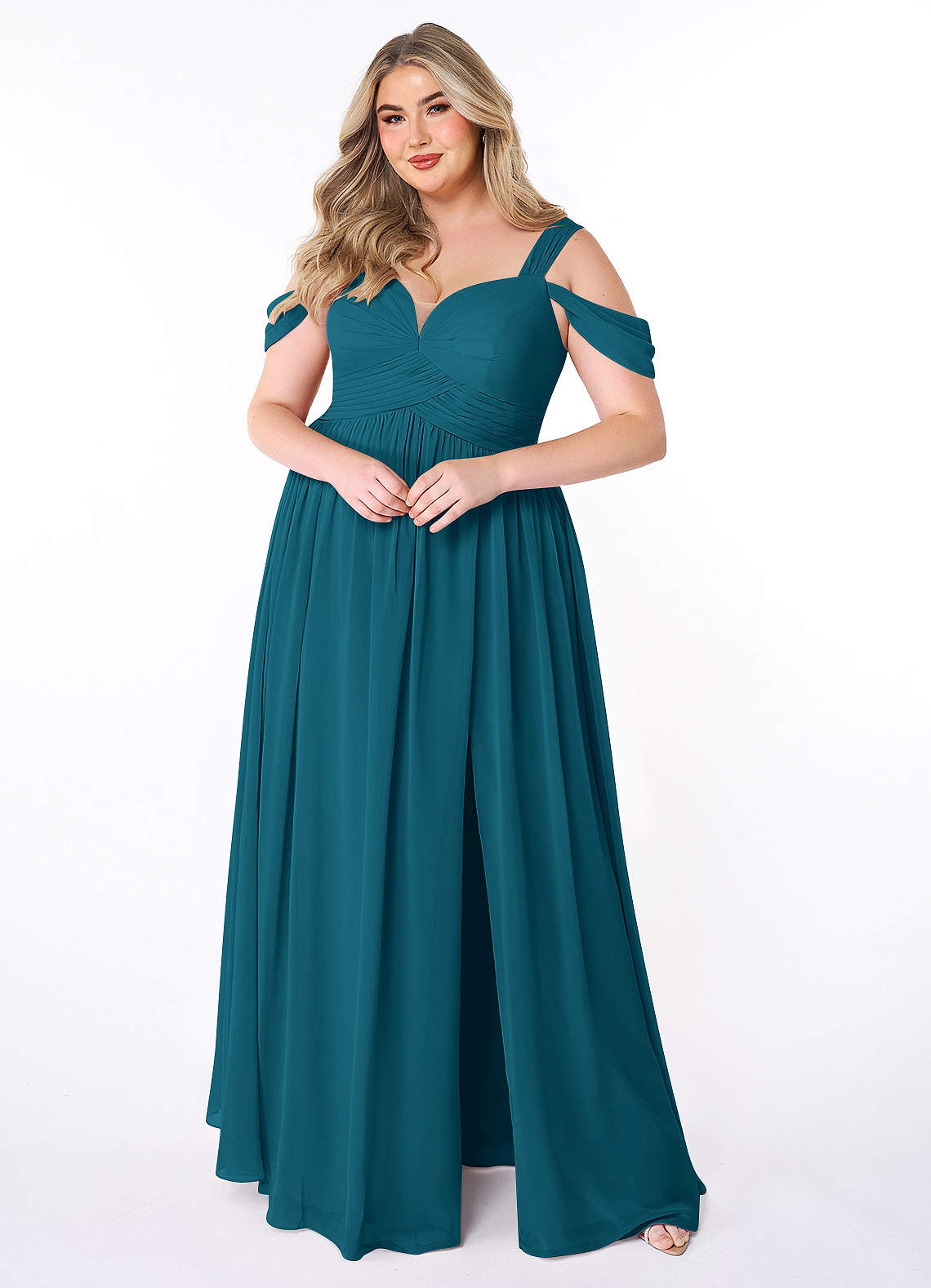 Azazie Lianne Bridesmaid Dresses Ink Blue A-Line Off the Shoulder Chiffon Dress image1