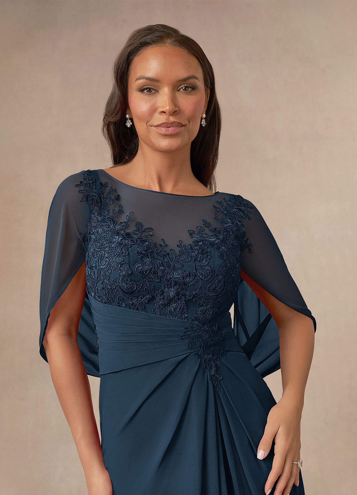 Azazie Hera At-home Try On Dresses Dark Navy A-Line Lace Capelet Chiffon Dress image4