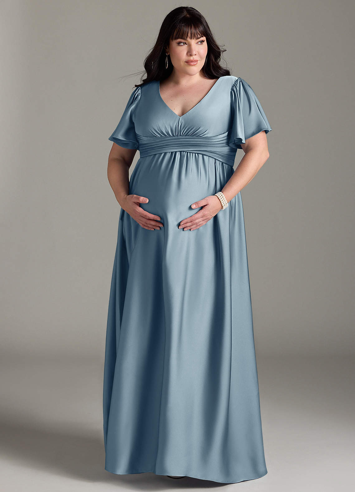 Azazie Verna vestidos de dama de honor de maternidad Vestido de Corte En A Volante Hasta el suelo Satén Elástico image12