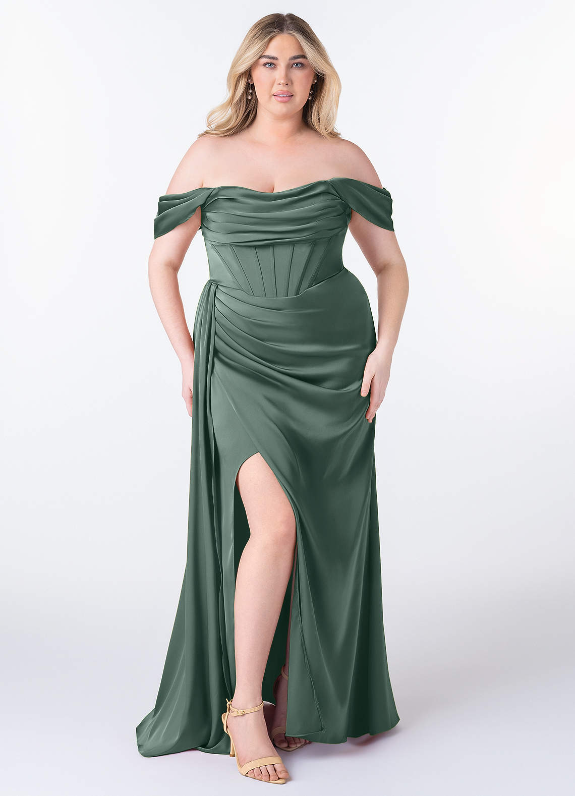 Azazie Amyra Bridesmaid Dresses Sea Moss Mermaid Off the Shoulder Stretch Satin Convertible Dress image1