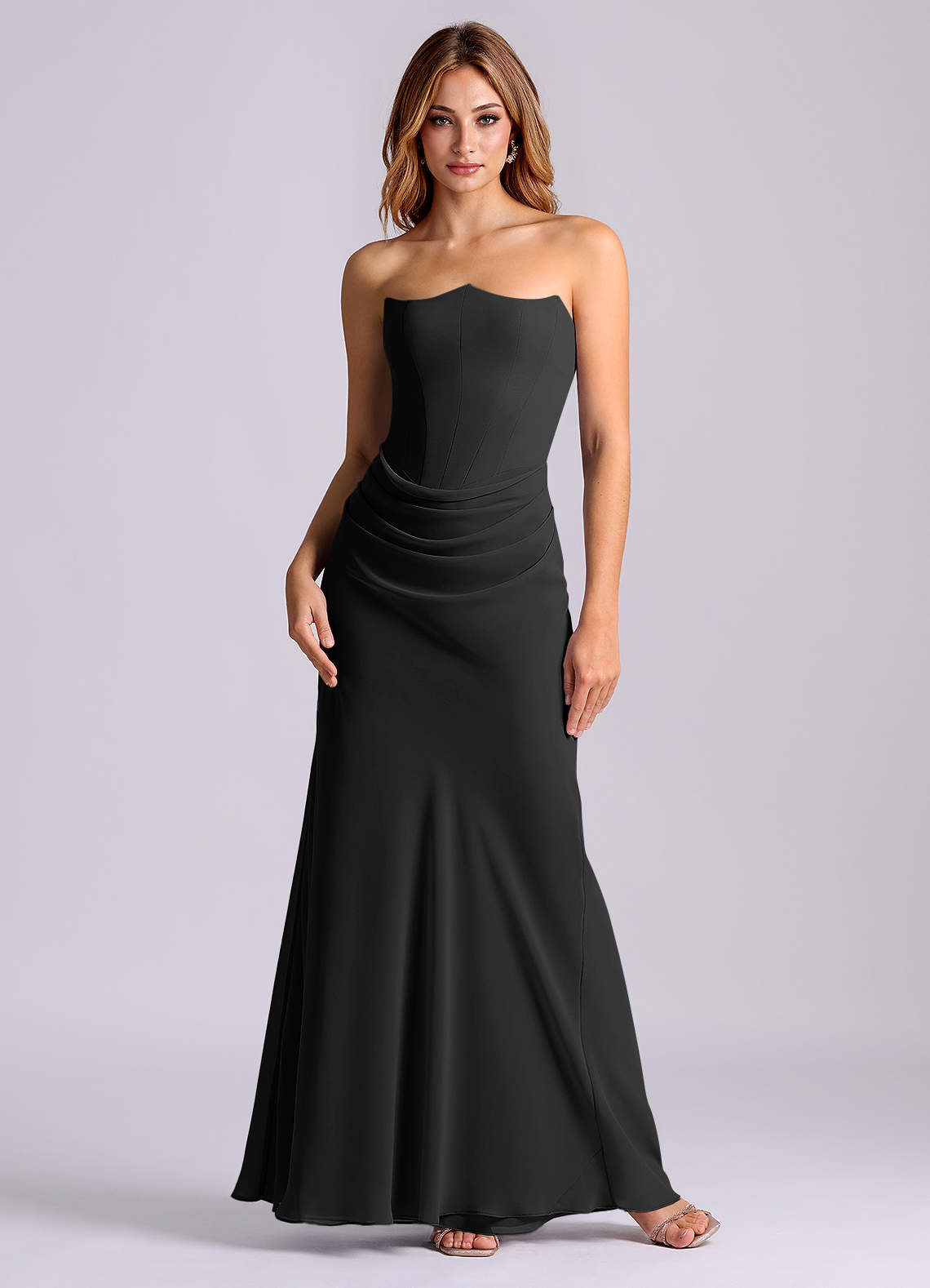 black strapless chiffon dress Strapless Satin Cuff Column Dress with Chiffon Shawl missy / 8 / Black