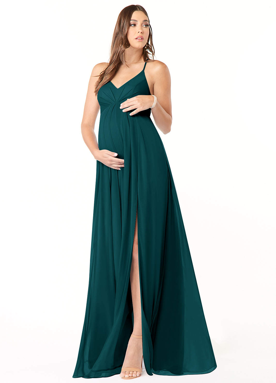 Azazie Annabelle Robes de demoiselle d'honneur de maternité Robe Trapèze Col V plissé Longueur ras du sol Maille image1
