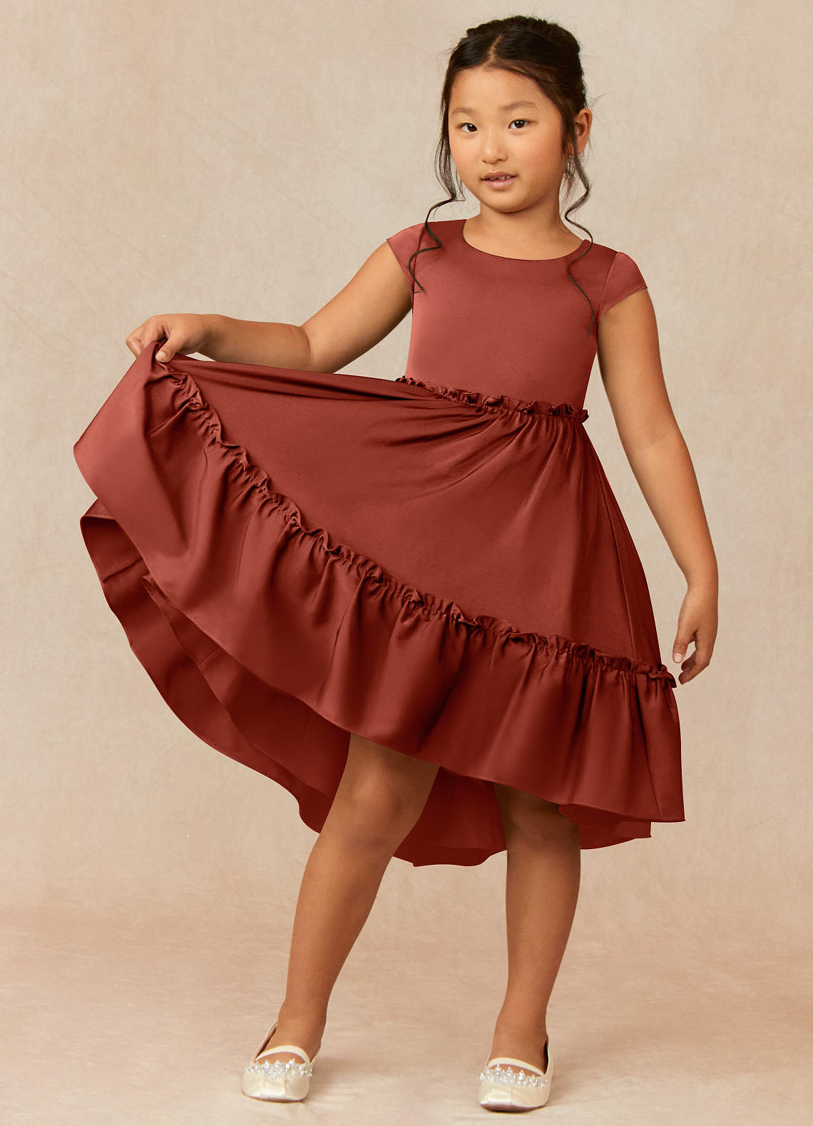 Azazie Lee Blumenmädchenkleider A-Linie Schleifen Stretch-Satin Kleid Terrakotta image1