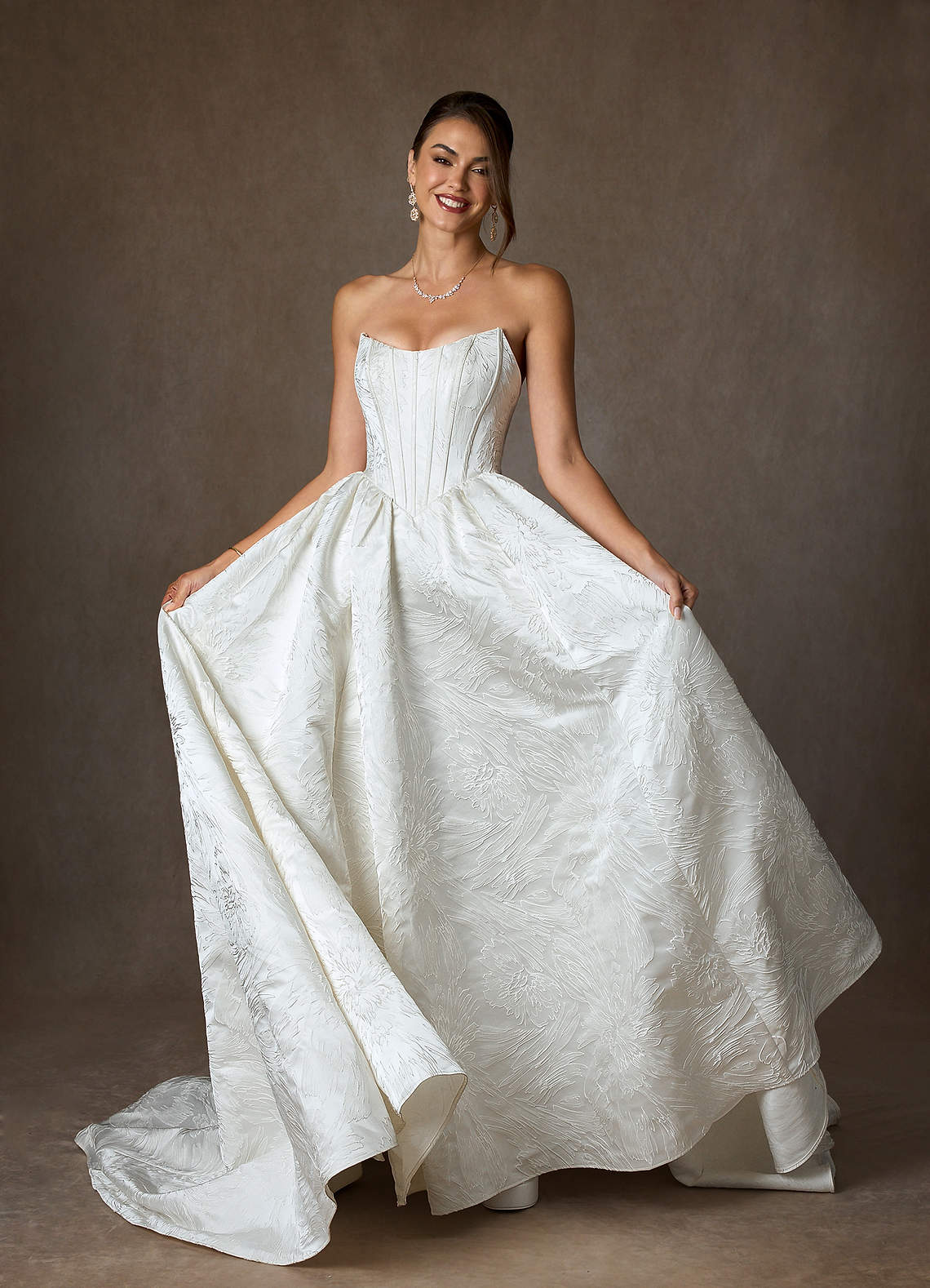Azazie Demetria Wedding Dresses Diamond White Ball-Gown Strapless Floral Jacquard Dress image3