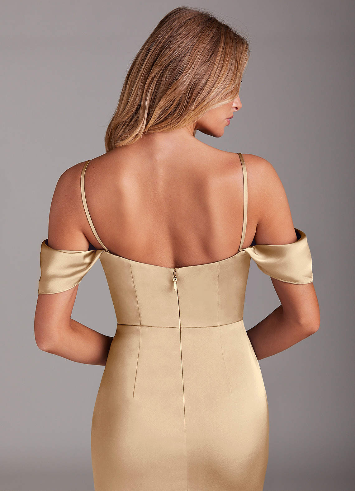 Azazie Saige Bridesmaid Dresses Champagne Sheath Off the Shoulder Stretch Satin Dress image7